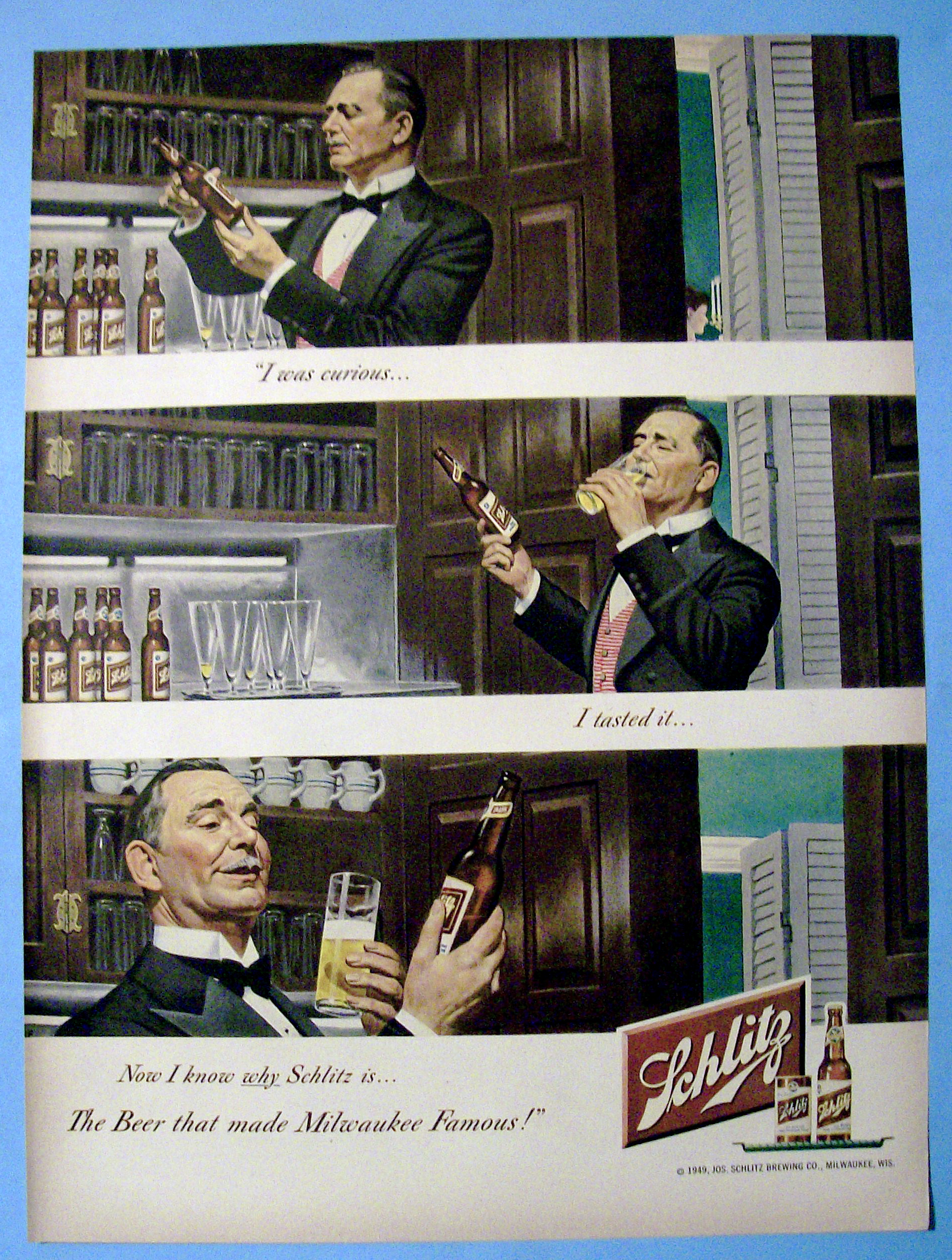 1949 Schlitz Beer with Butler Trying a Bottle of Beer