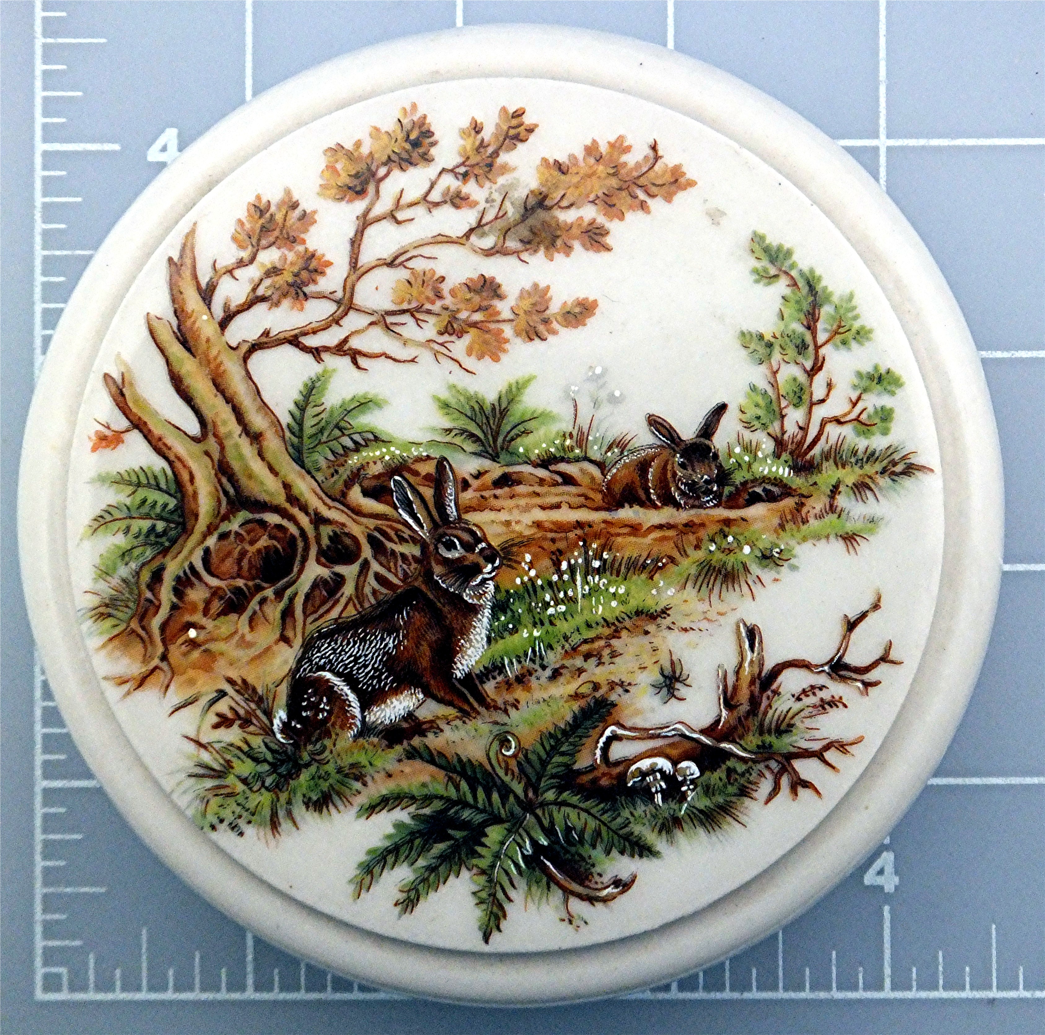 Porcelain jar relish pot with lid rabbits scene