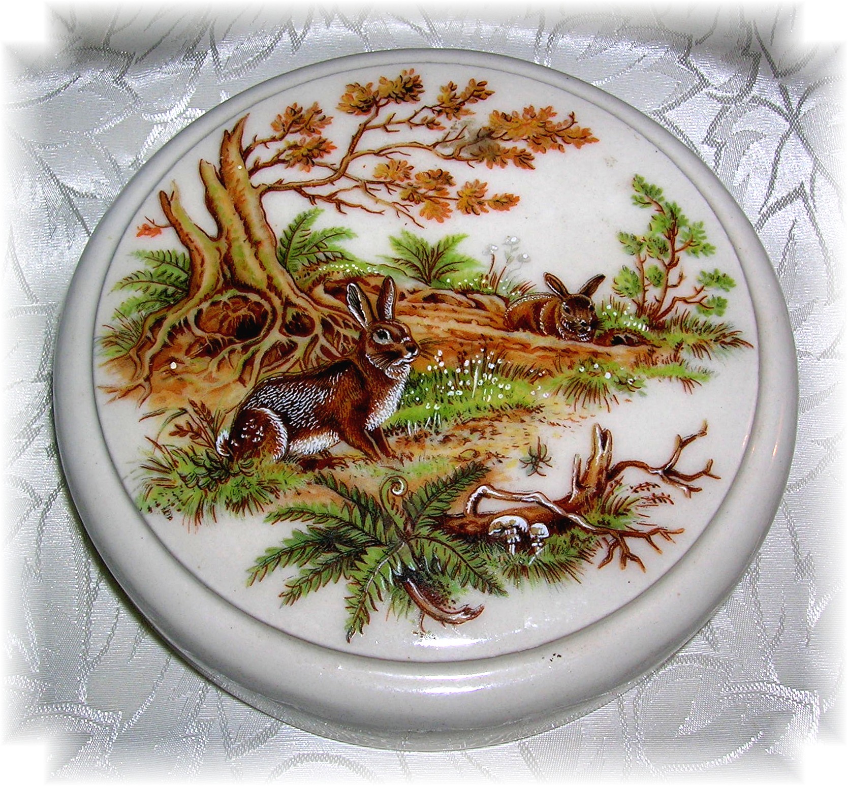 Porcelain jar relish pot with lid rabbits scene