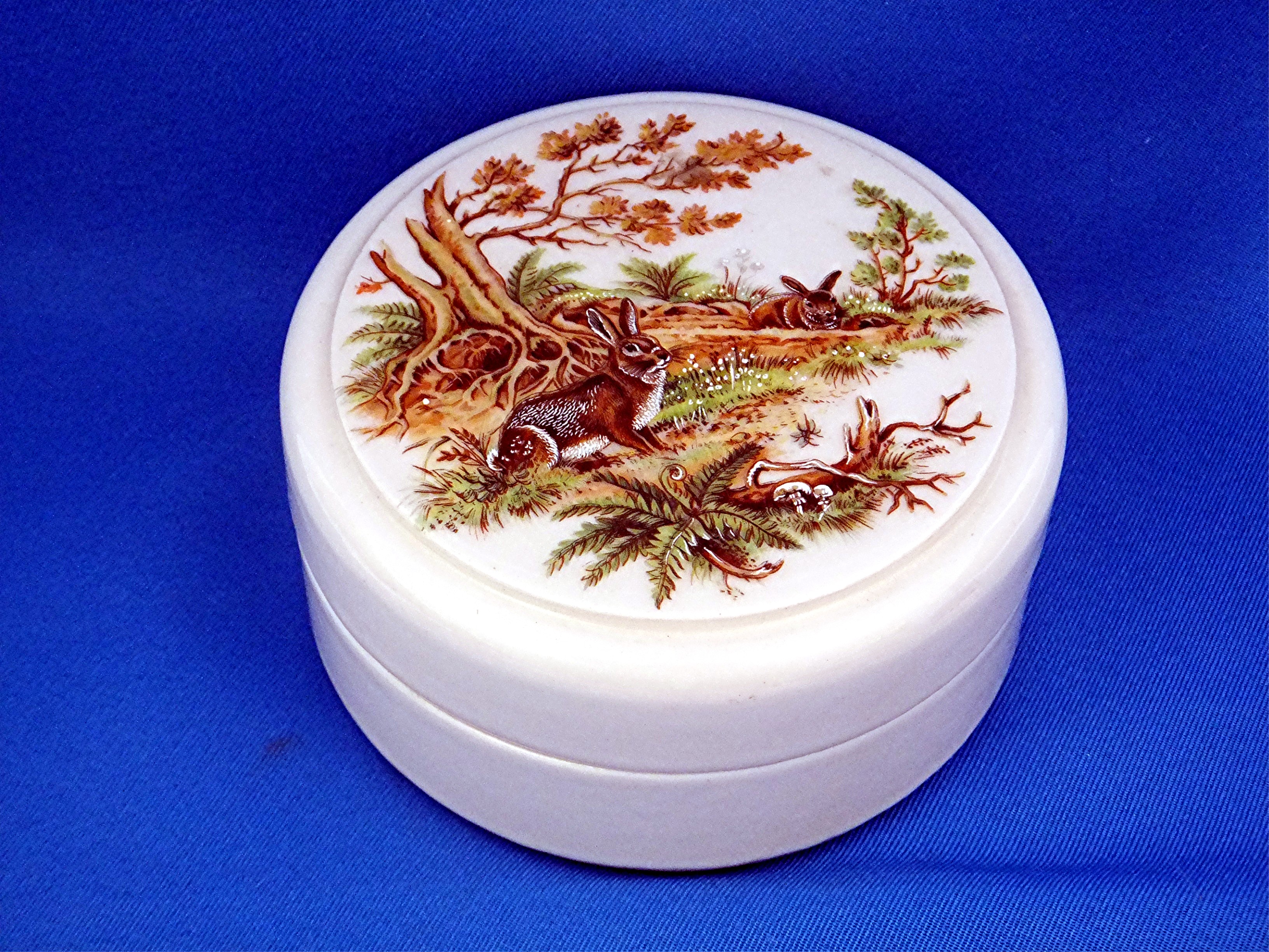 Porcelain jar relish pot with lid rabbits scene