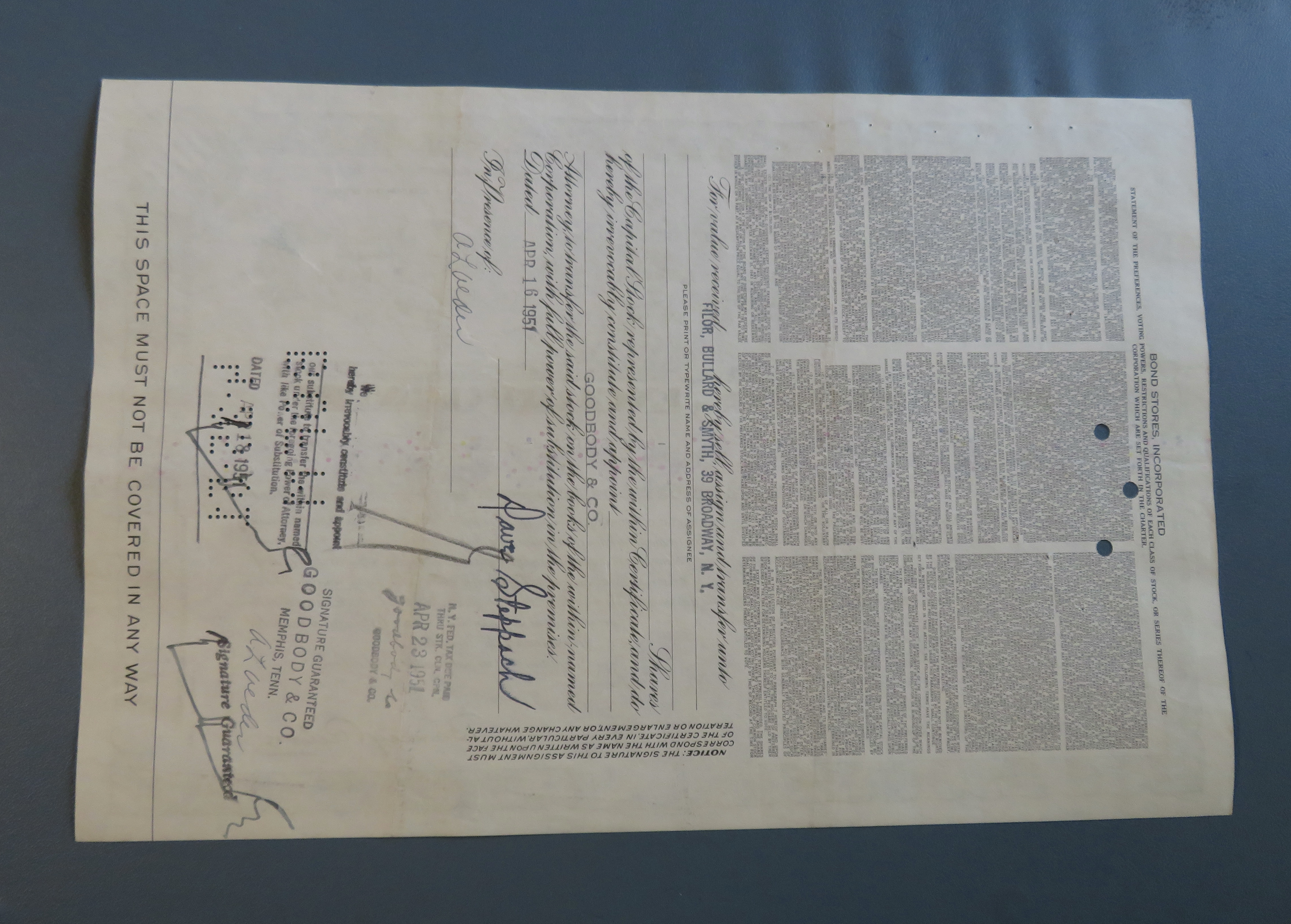 1951 Bond Stores, Incorporated Stock Certificate