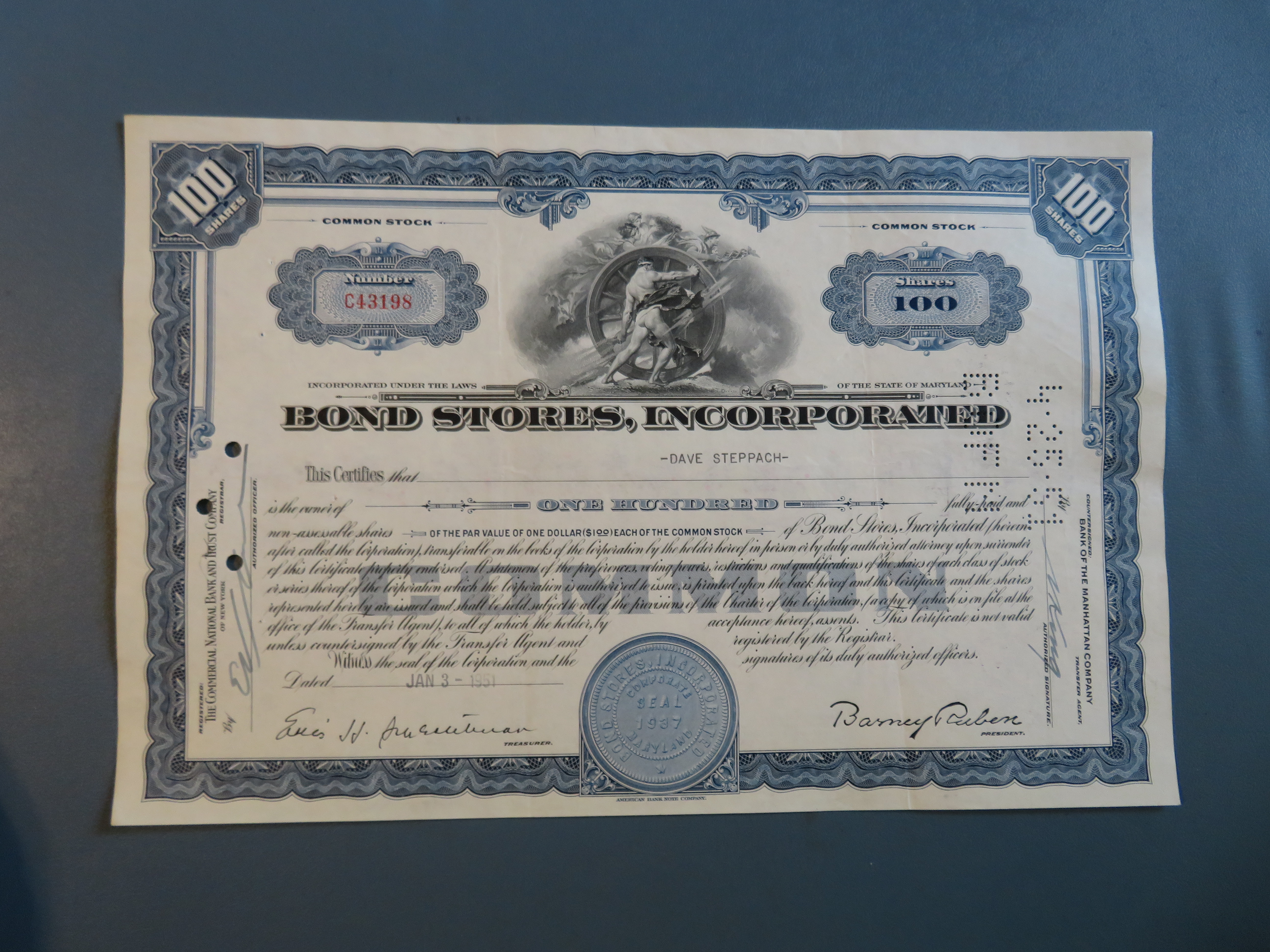 1951 Bond Stores, Incorporated Stock Certificate