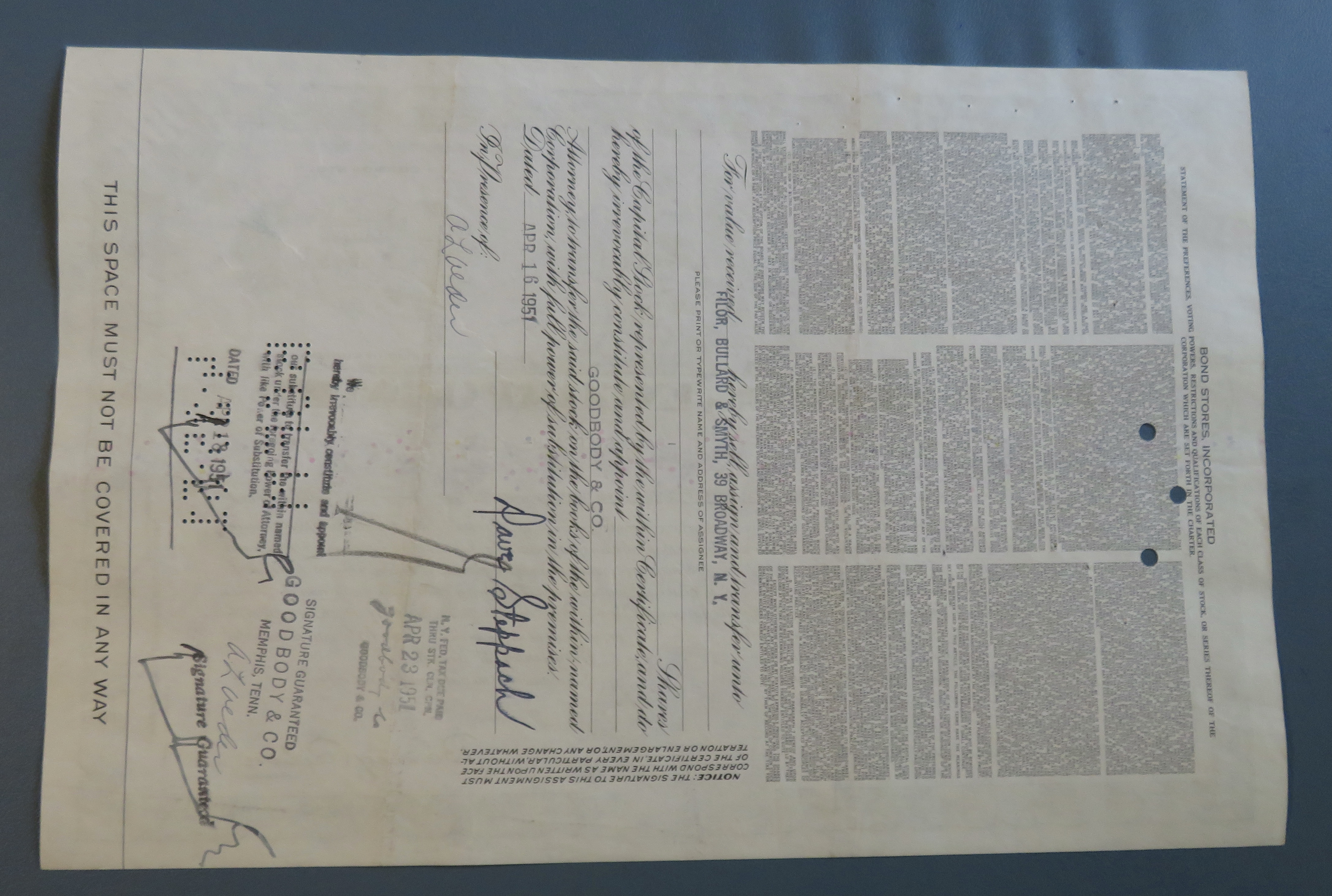 1951 Bond Stores, Incorporated Stock Certificate