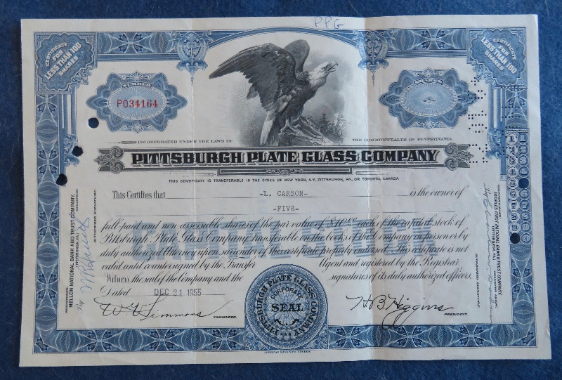 1955 Pittsburgh Plate Glass Company Stock Certificate