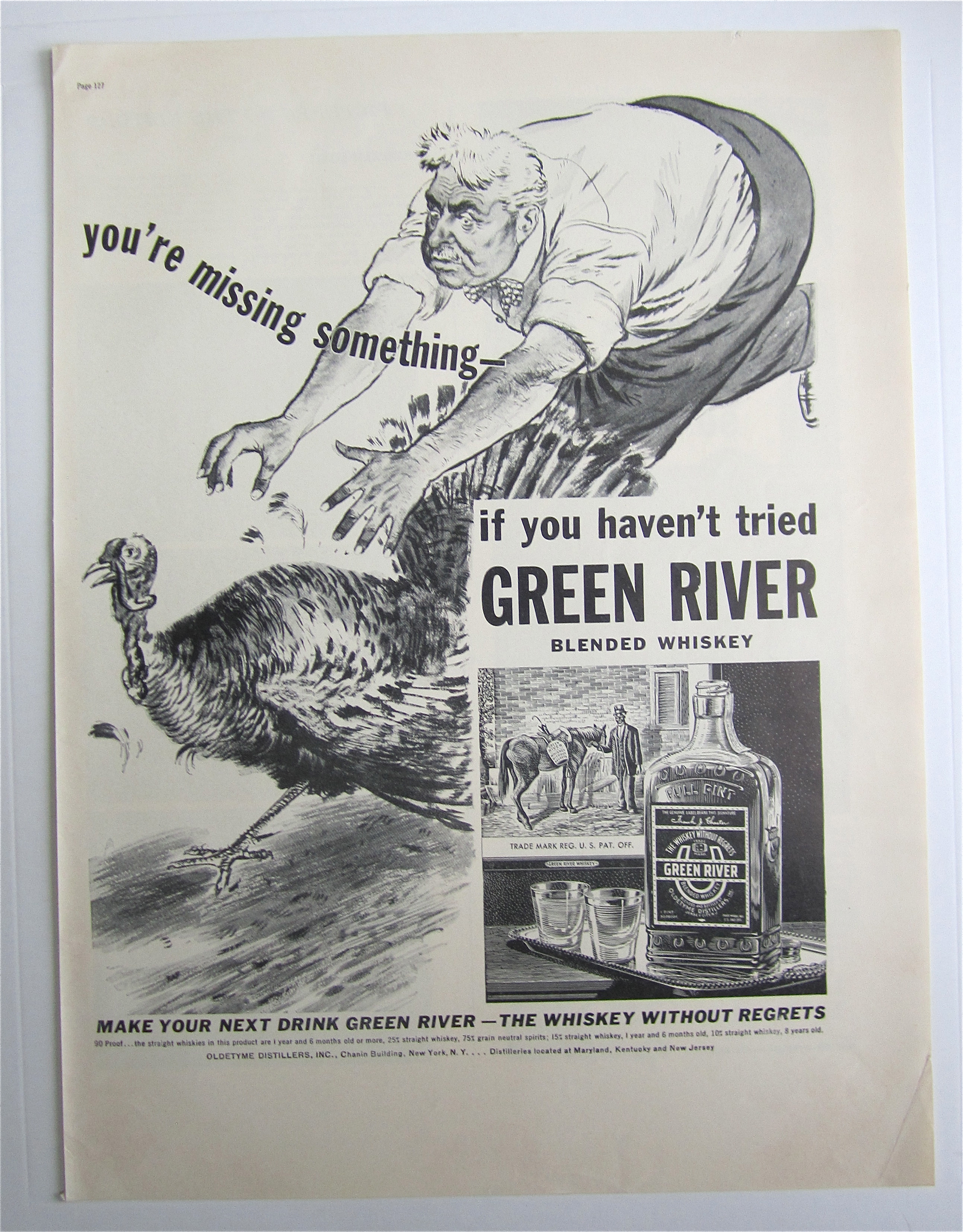 1937 Green River Whiskey with Man Chasing Turkey