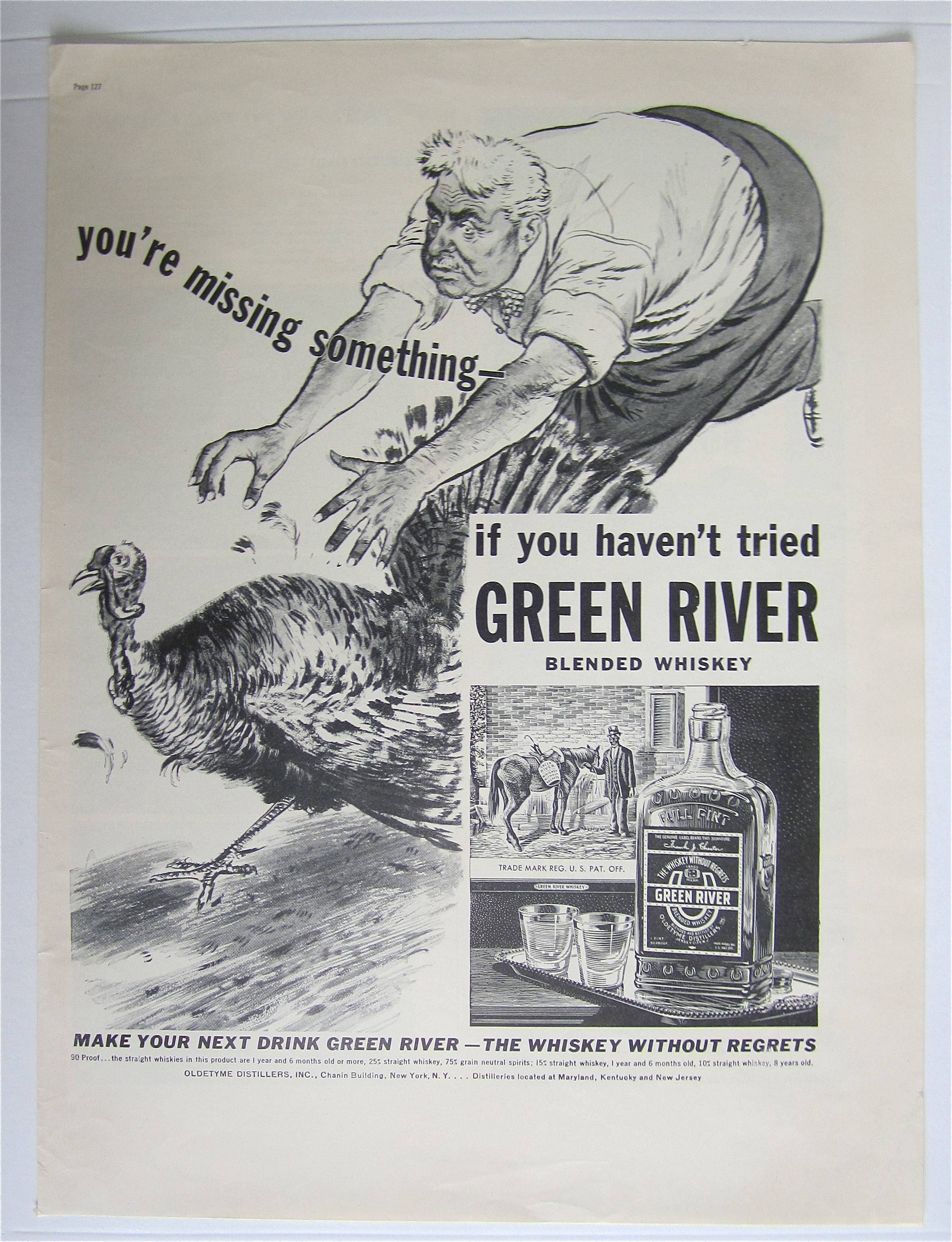 1937 Green River Whiskey with Man Chasing Turkey