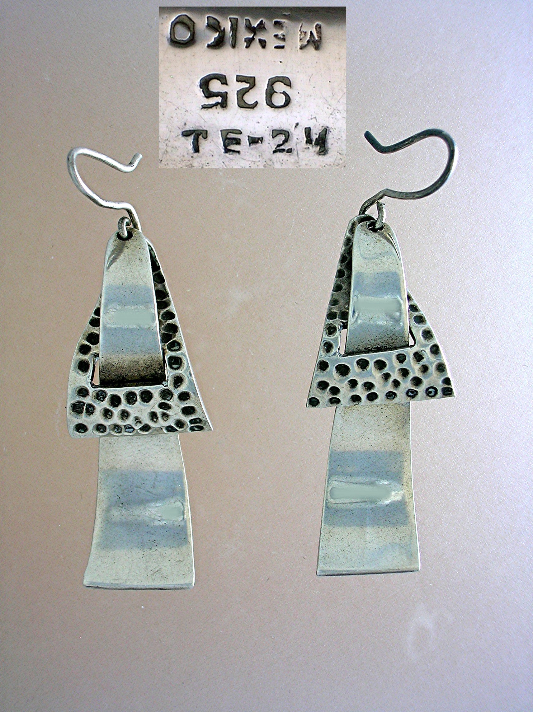Signed Sterling Mexico TE-24 Dangly Pierced Earrings