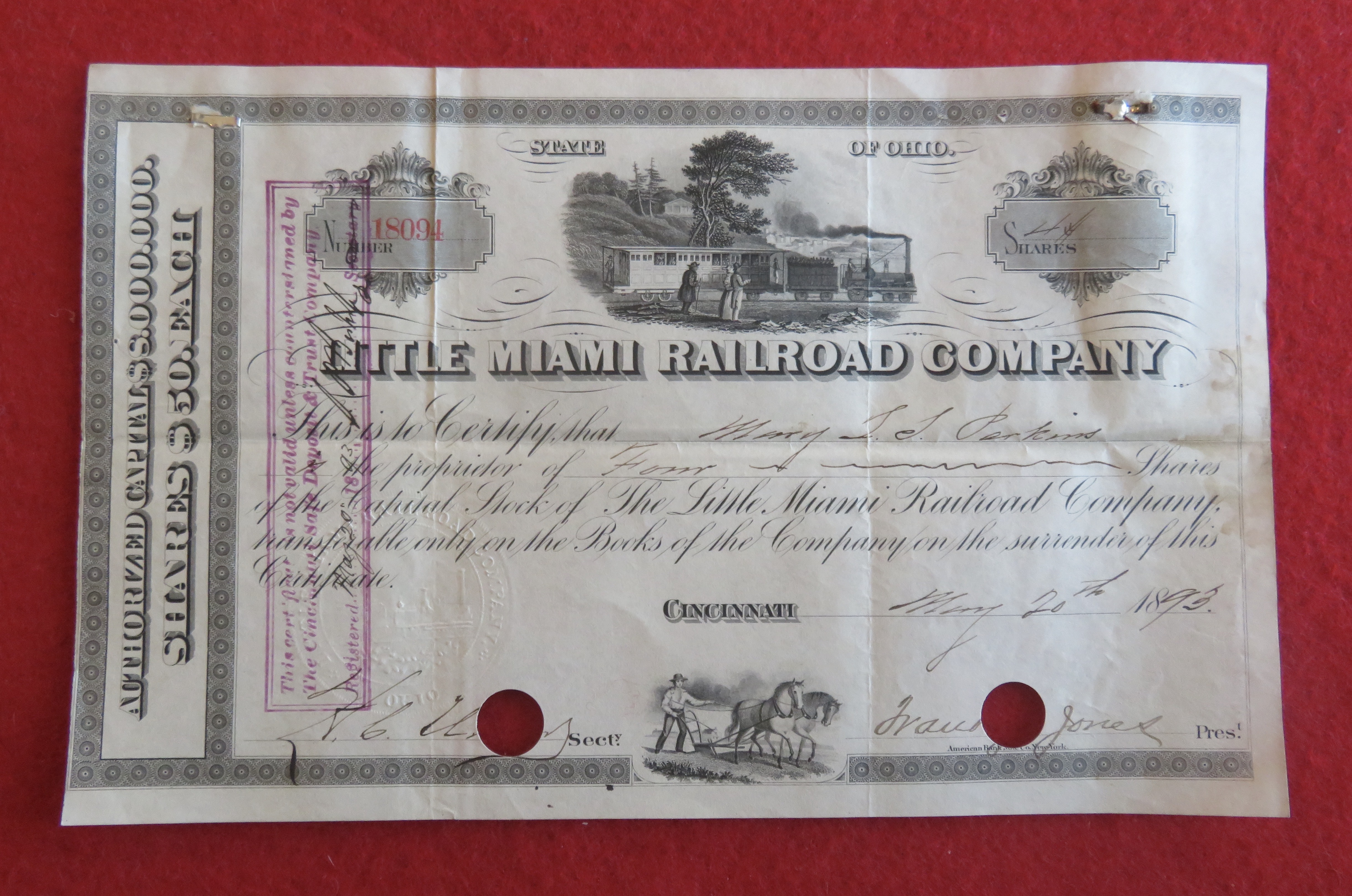 1893 Little Miami Railroad Stock Certificate