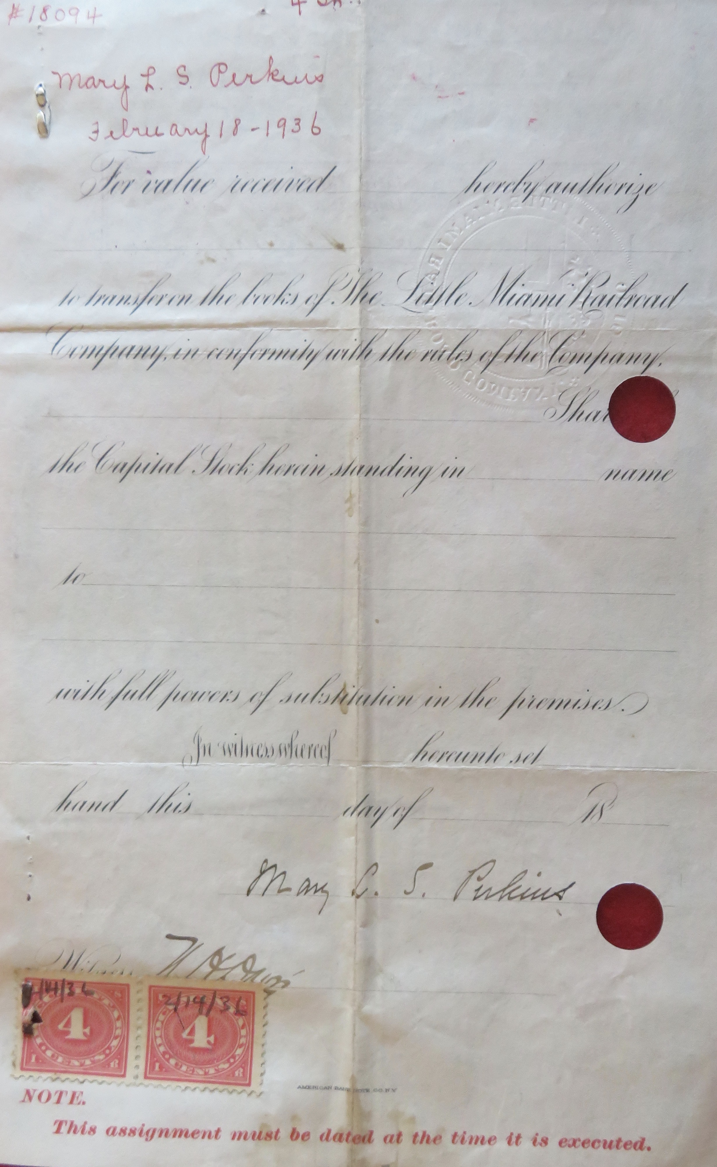 1893 Little Miami Railroad Stock Certificate