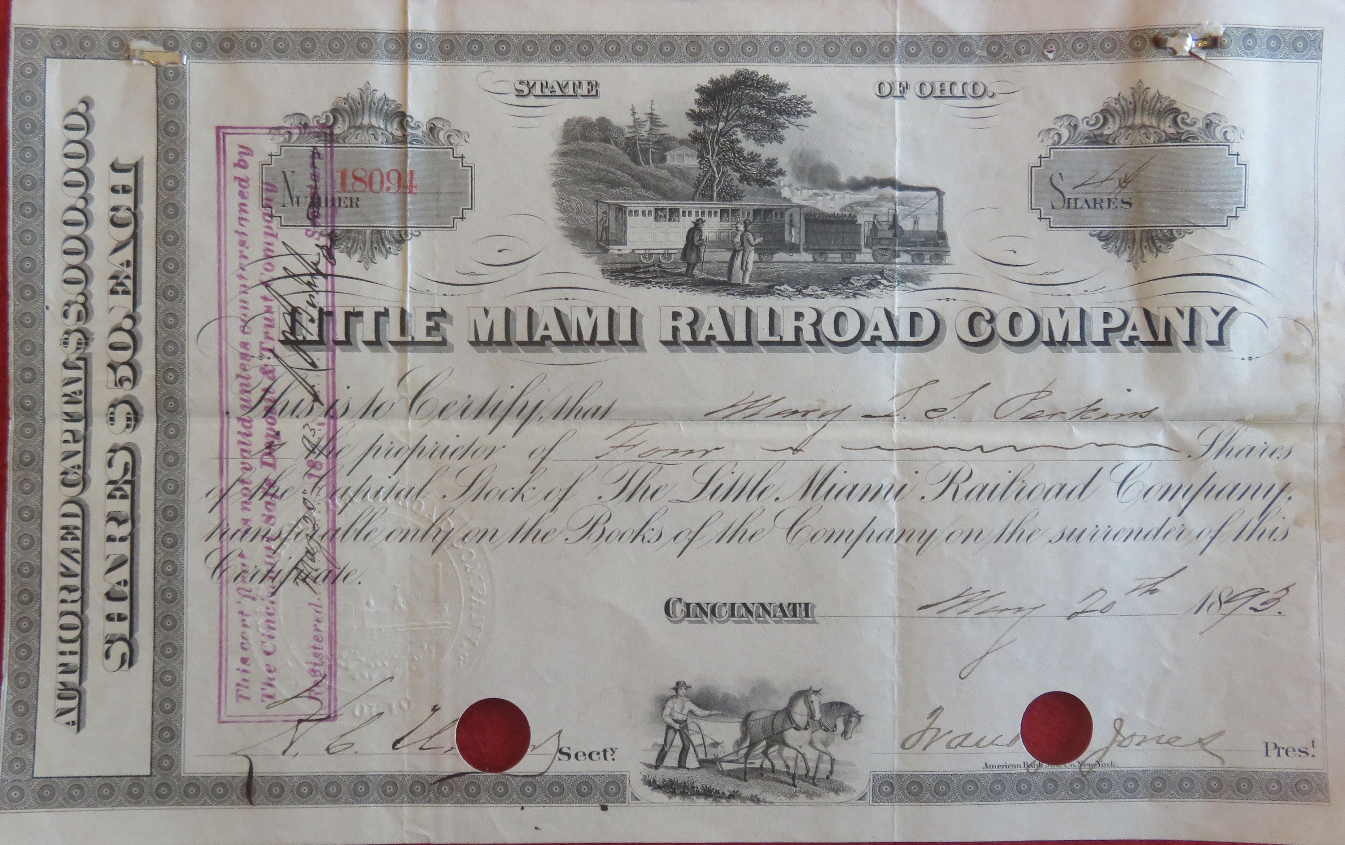 1893 Little Miami Railroad Stock Certificate