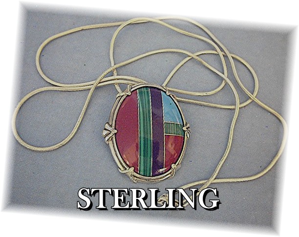 Necklace Sterling Silver Turquoise Coral Malachite Inla
