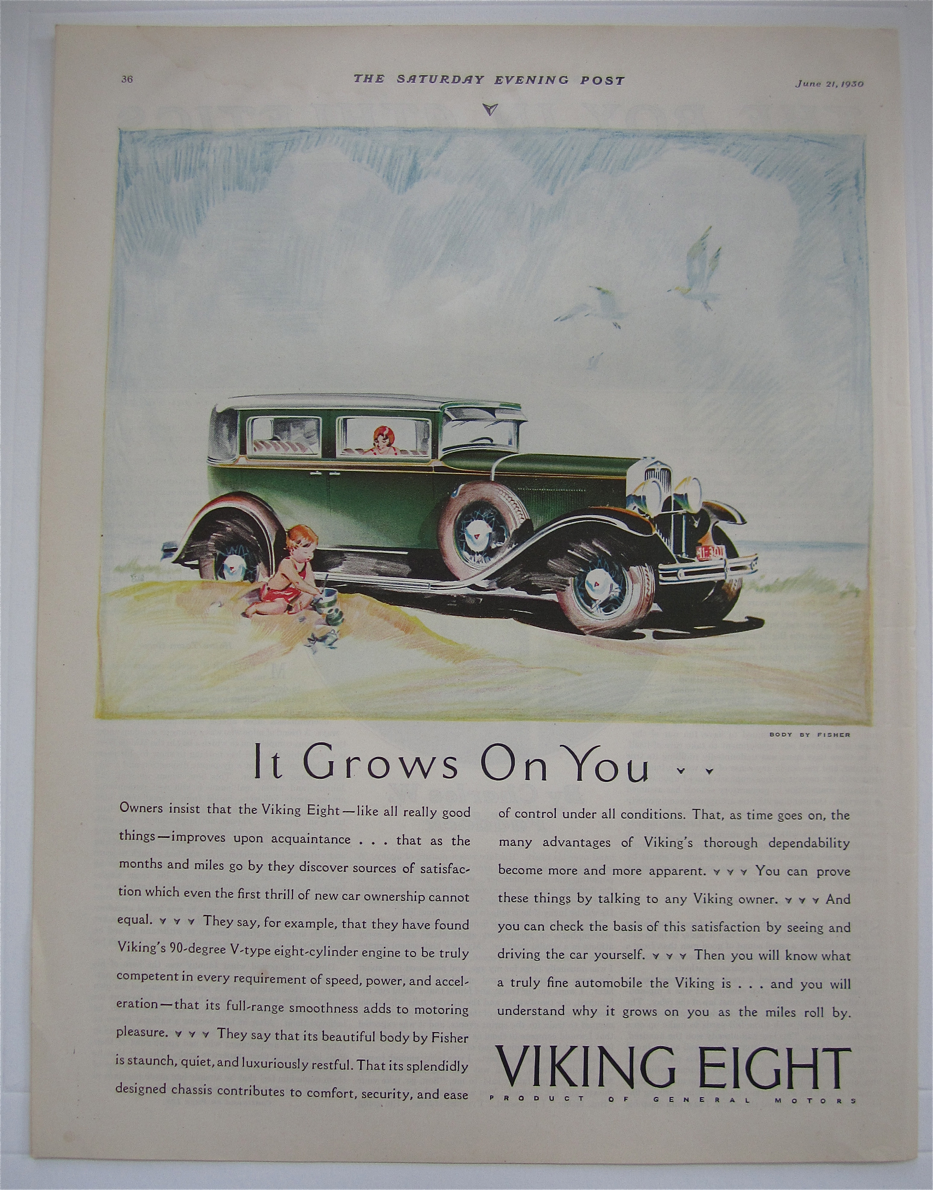 1930 Viking Eight with Woman & Child Playing In Sand