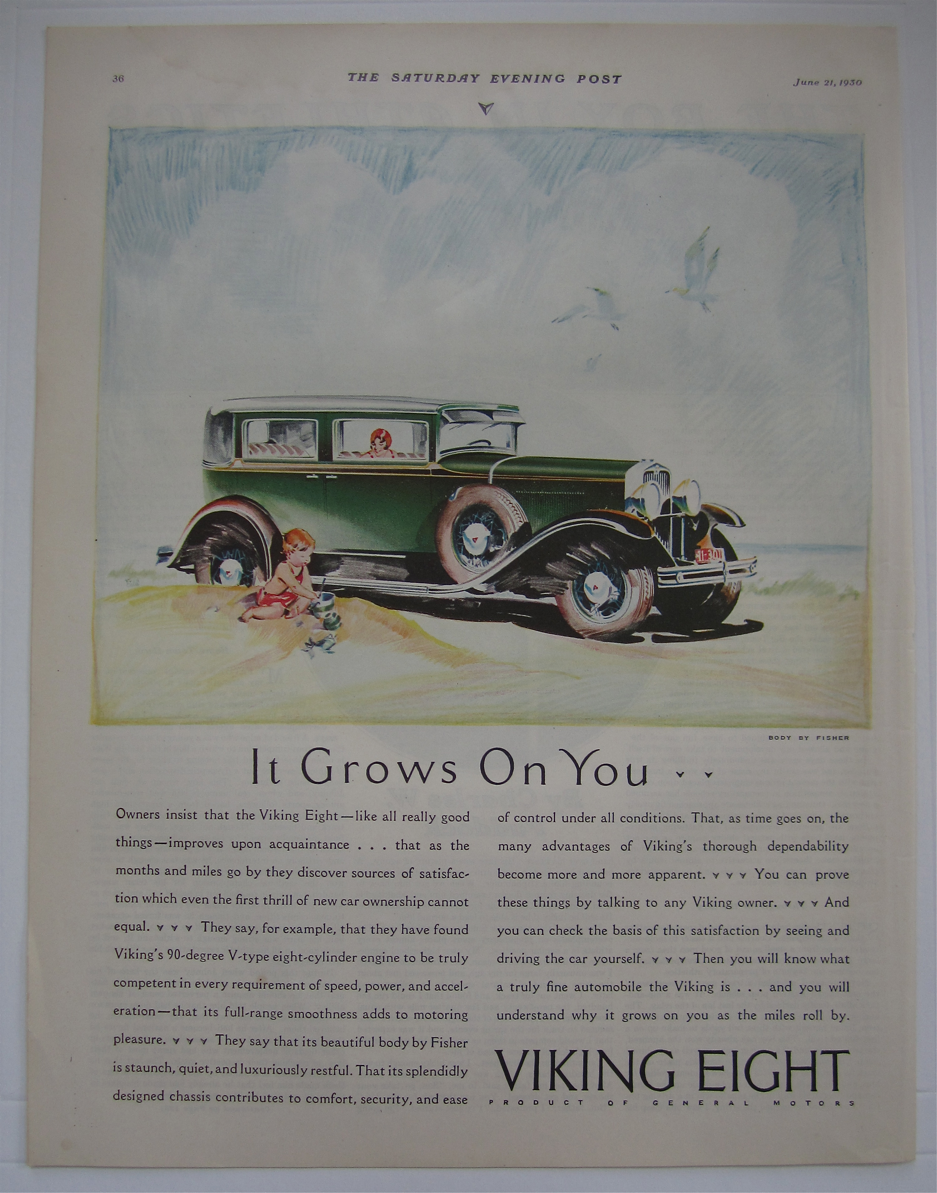 1930 Viking Eight with Woman & Child Playing In Sand