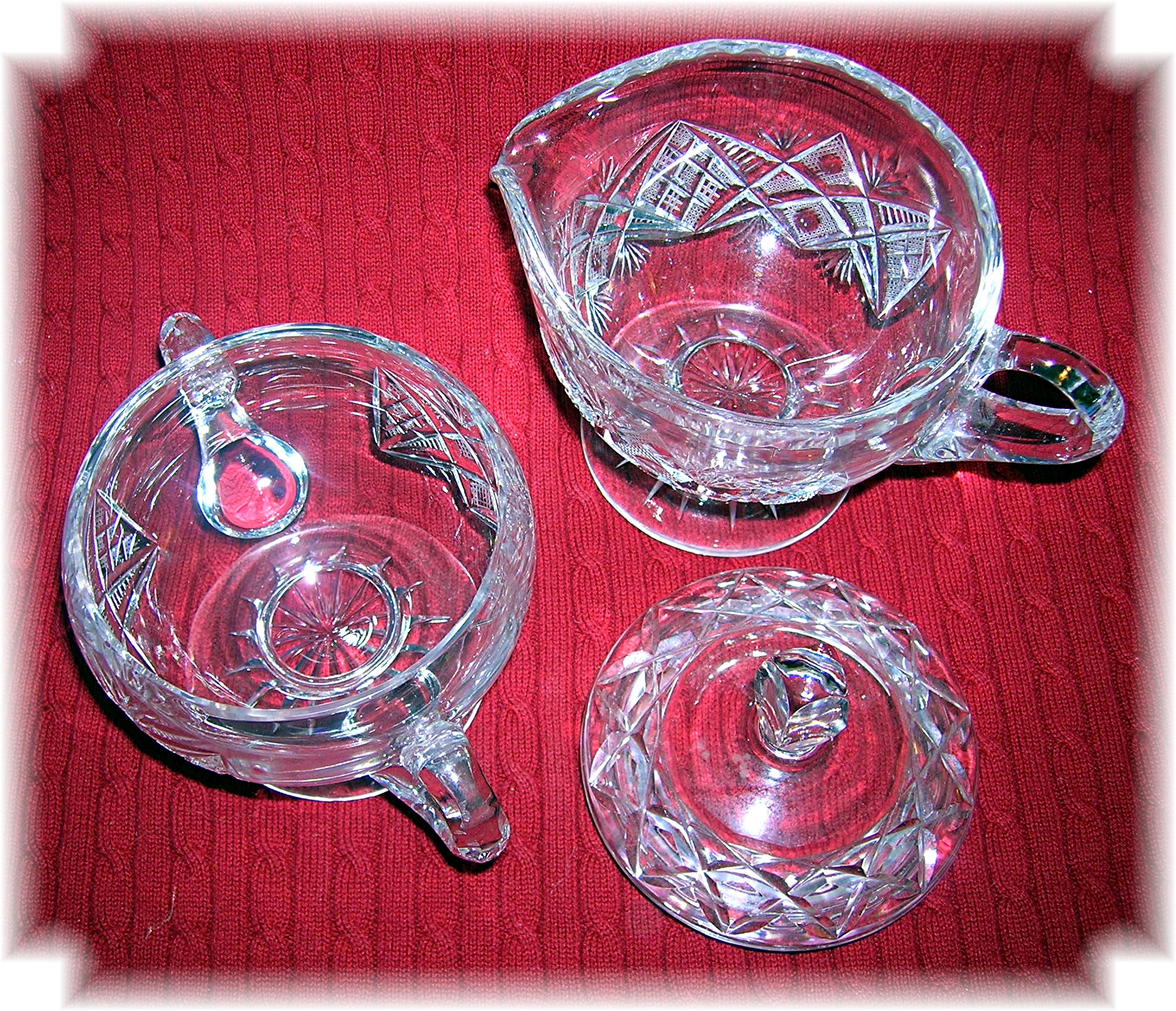 Cut Glass Sugar with Lid and Cream Pitcher