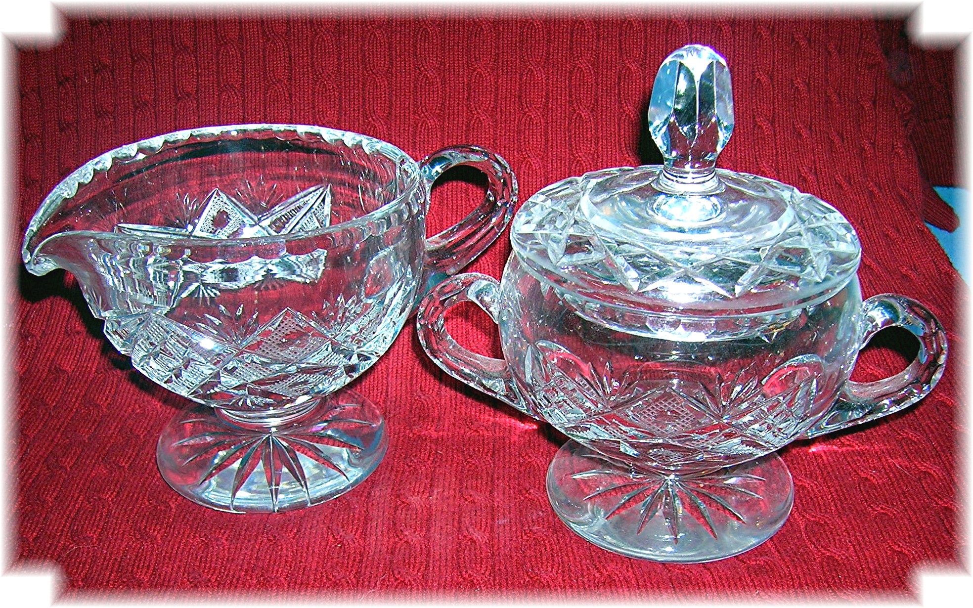 Cut Glass Sugar with Lid and Cream Pitcher