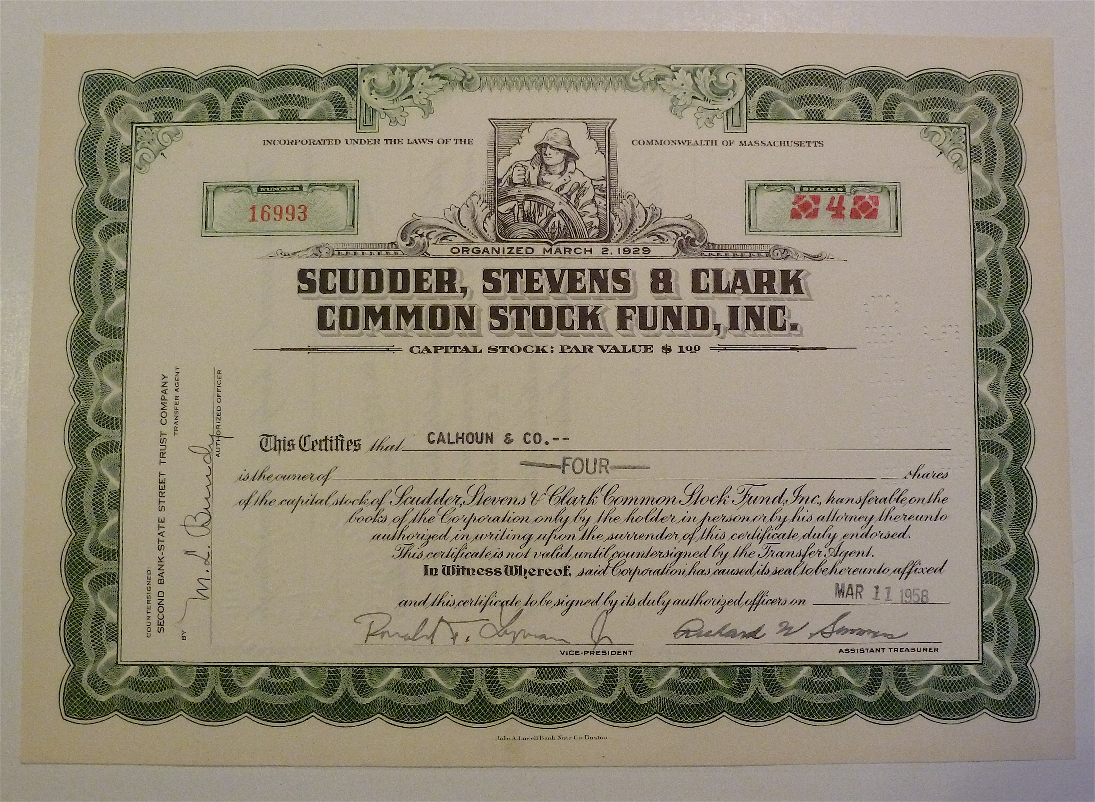 Scudder, Stevens & Clark Common Stock Fund Certificate
