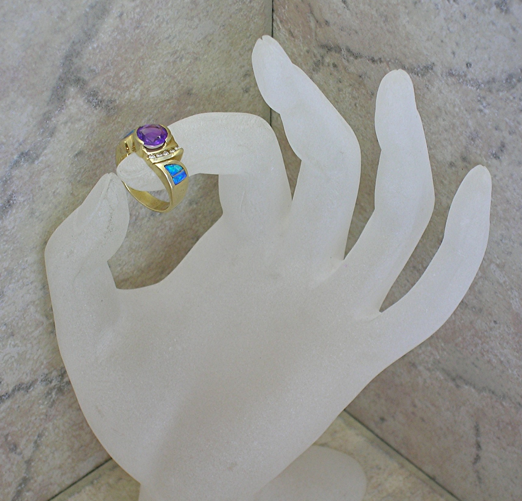 14K Gold Diamond Amethyst Opal Ring