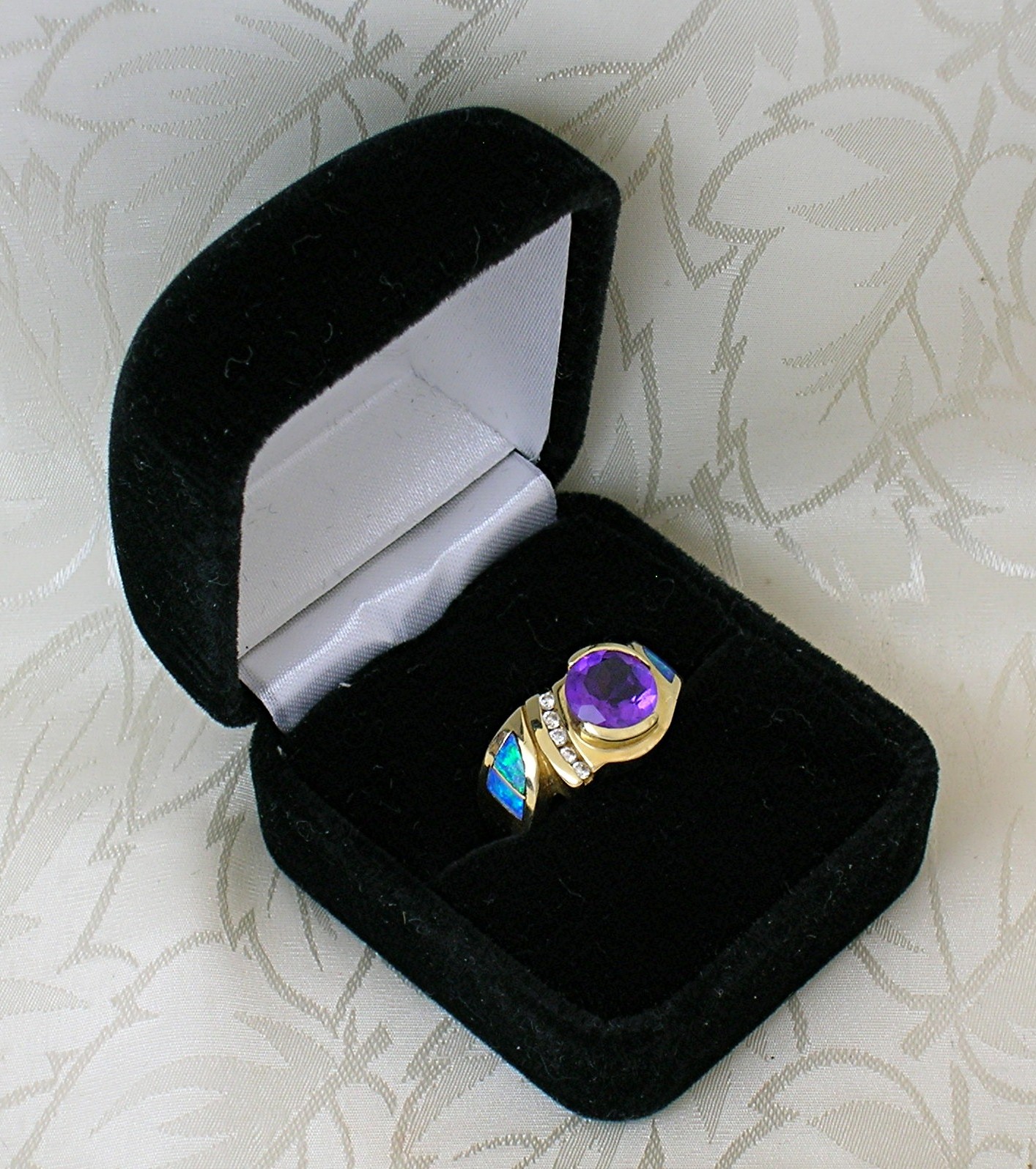 14K Gold Diamond Amethyst Opal Ring
