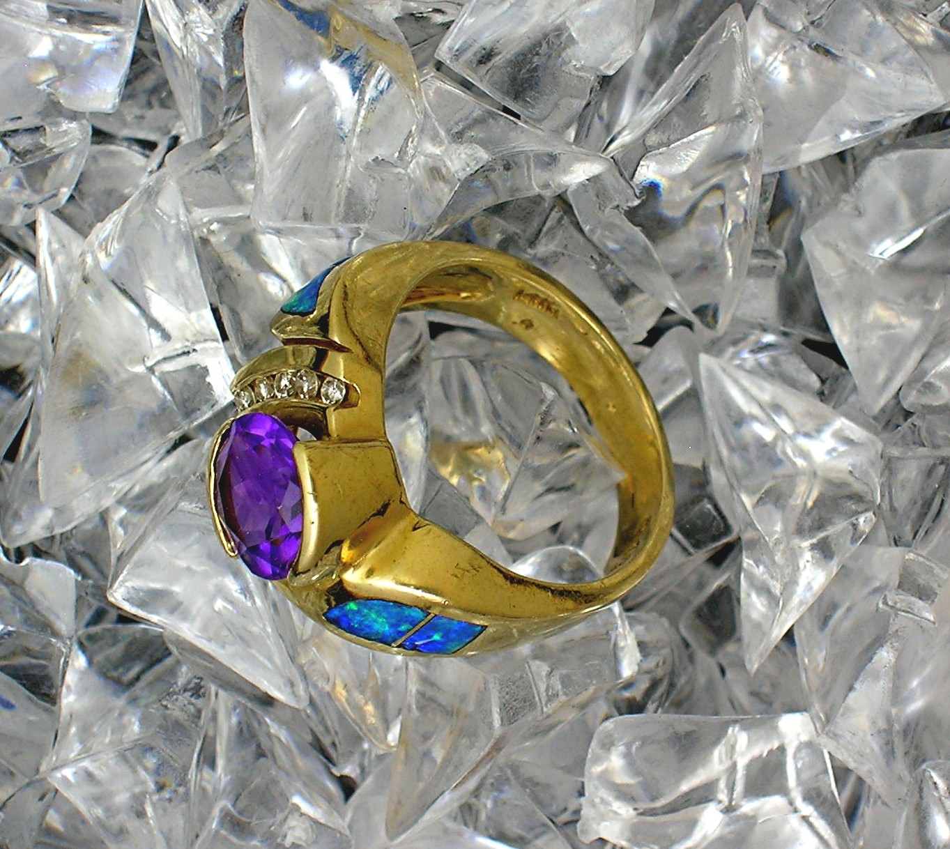 14K Gold Diamond Amethyst Opal Ring