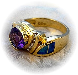 14K Gold Diamond Amethyst Opal Ring