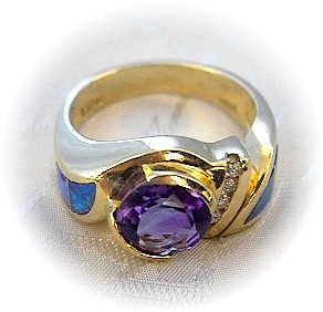 14K Gold Diamond Amethyst Opal Ring