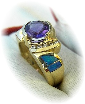 14K Gold Diamond Amethyst Opal Ring