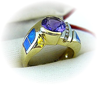 14K Gold Diamond Amethyst Opal Ring