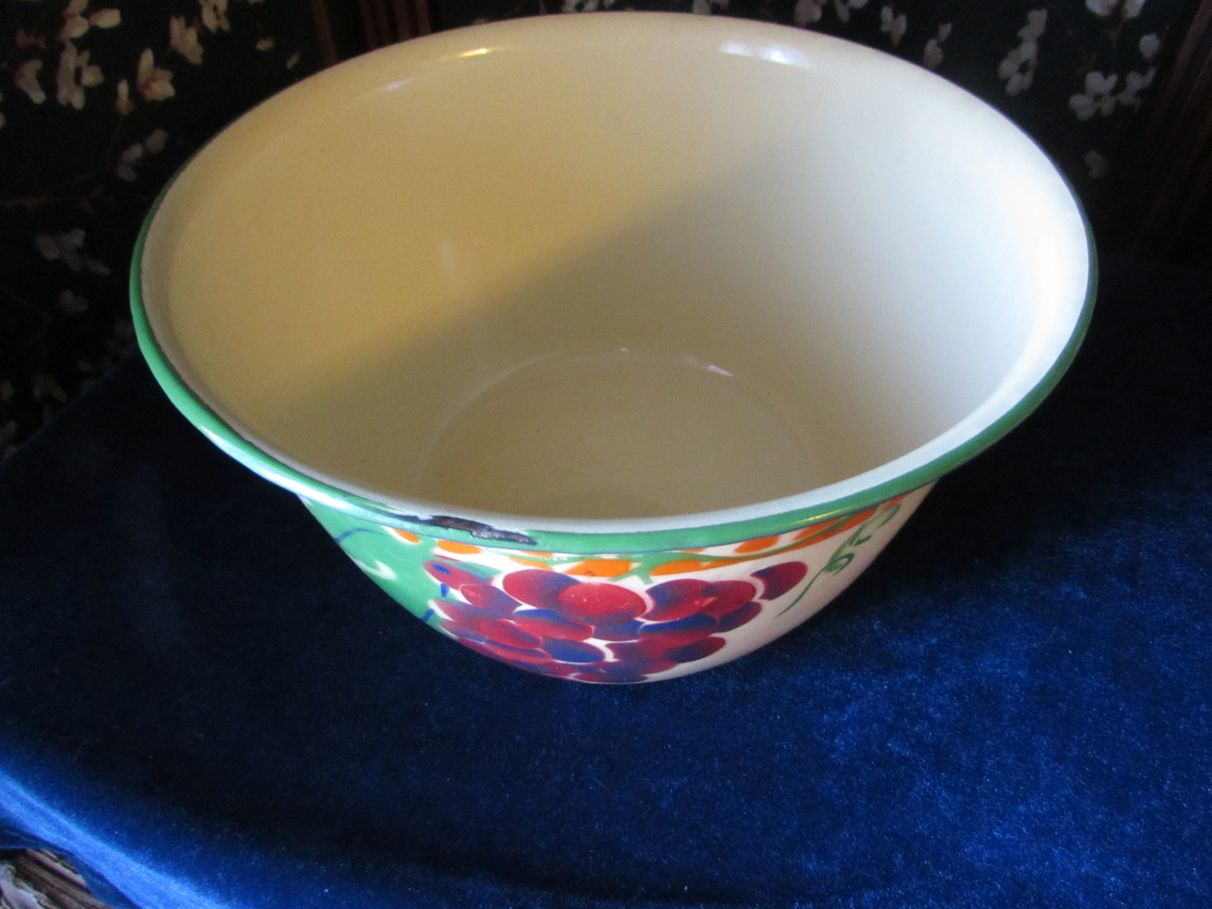Yellow Enamelware Mixing Bowl grape painted motif