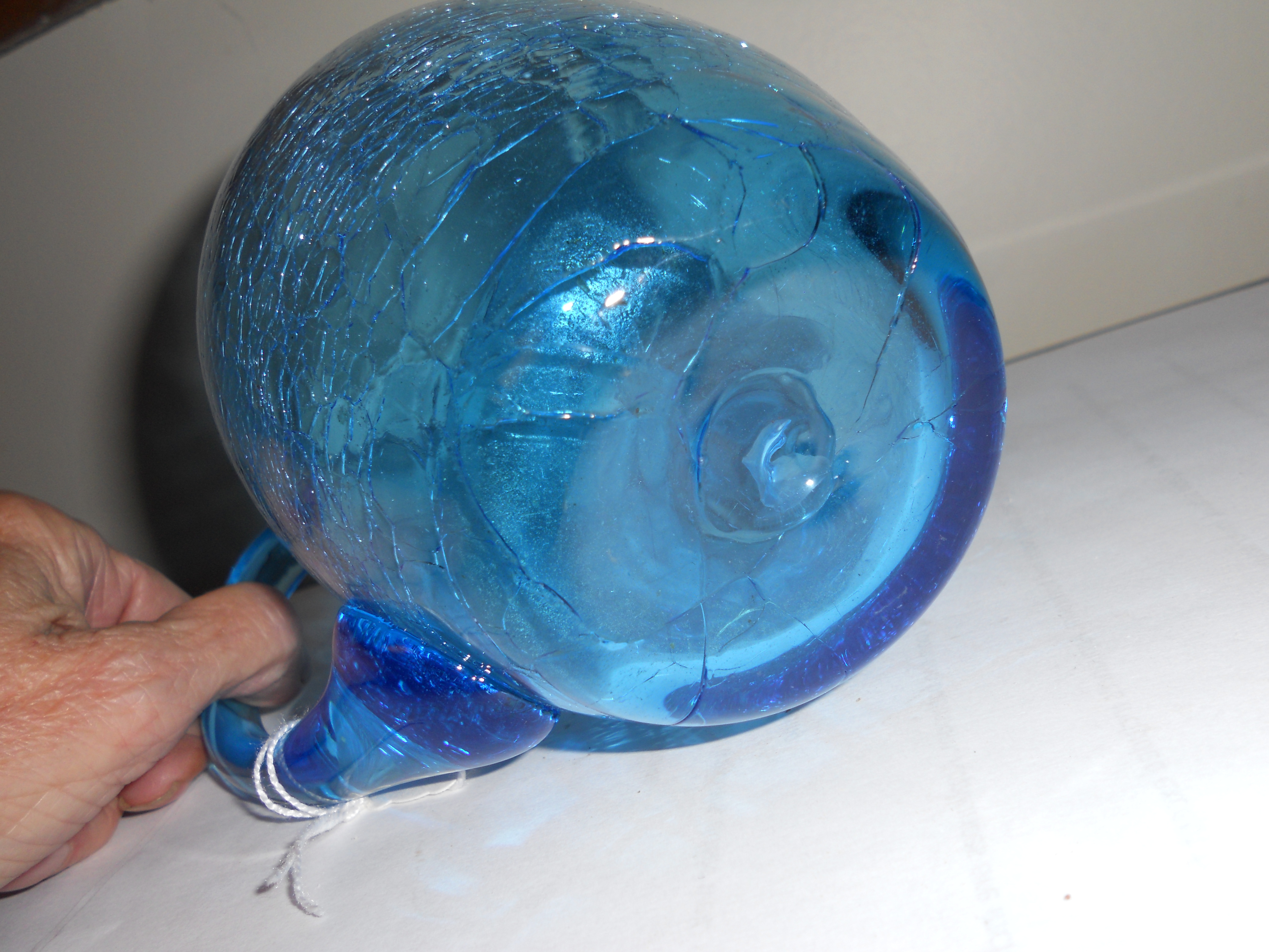 Blue Crackle Glass Pitcher