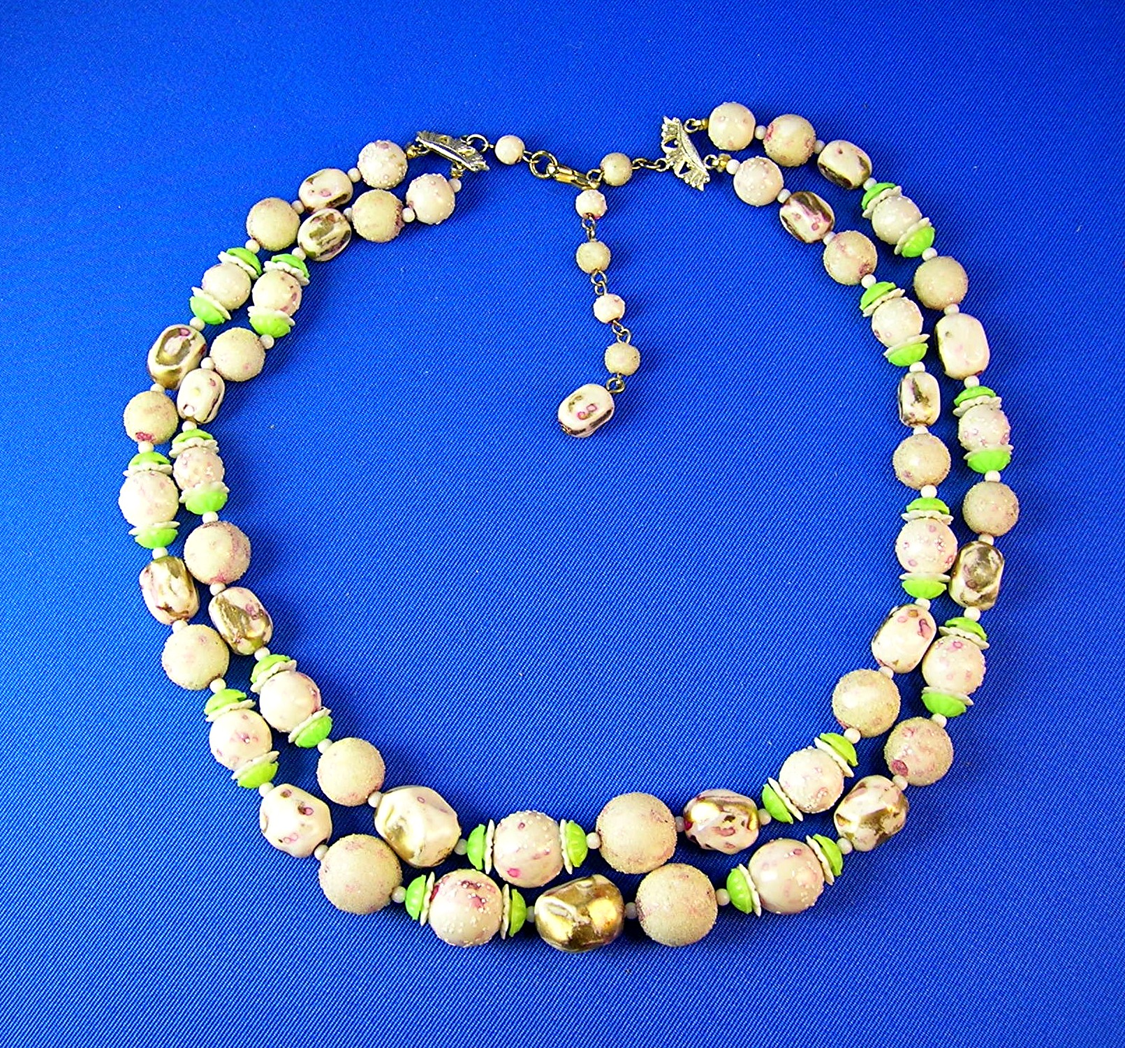 Plastic Venetian Bead Look Pink Gold Green Necklace