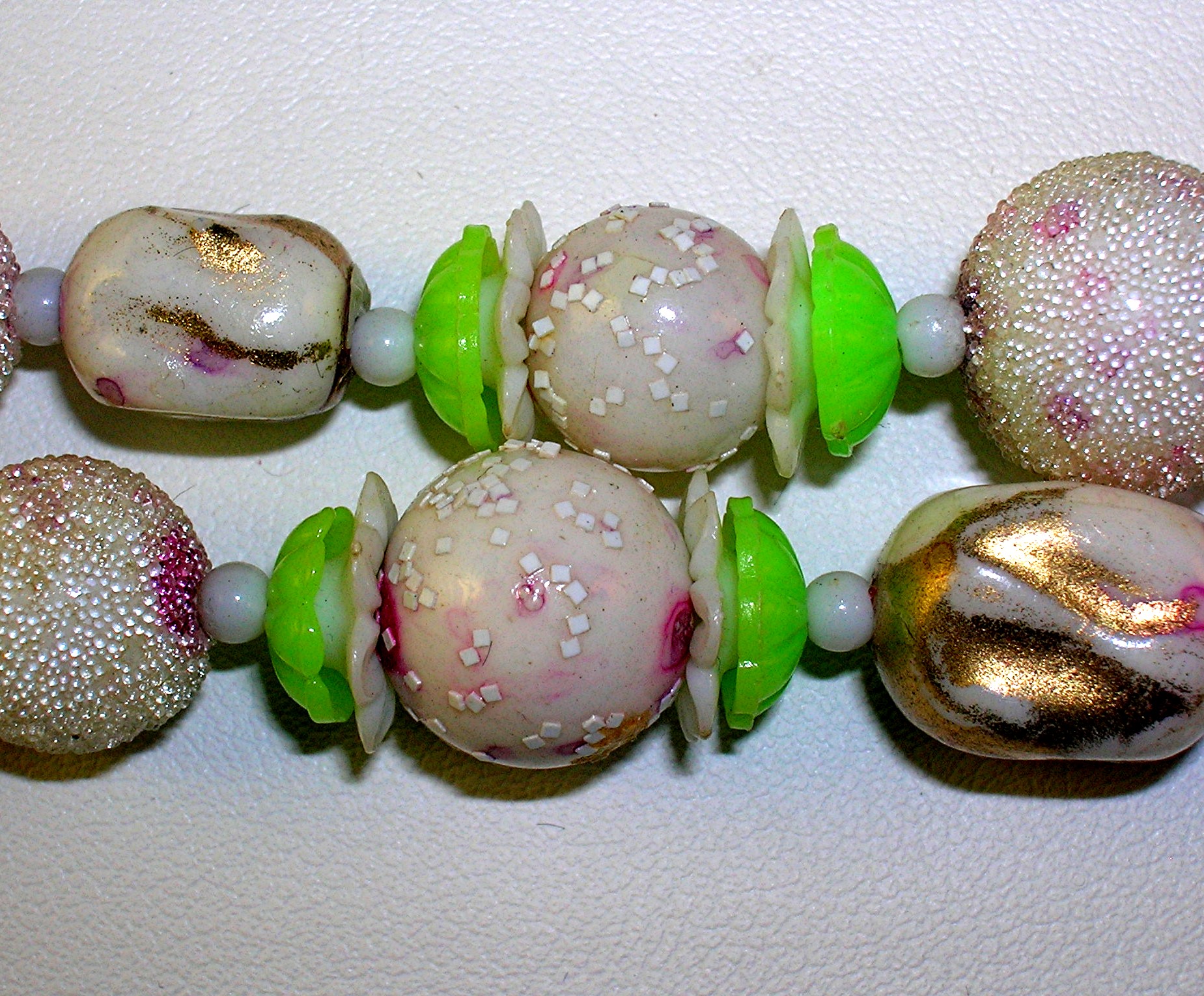 Plastic Venetian Bead Look Pink Gold Green Necklace