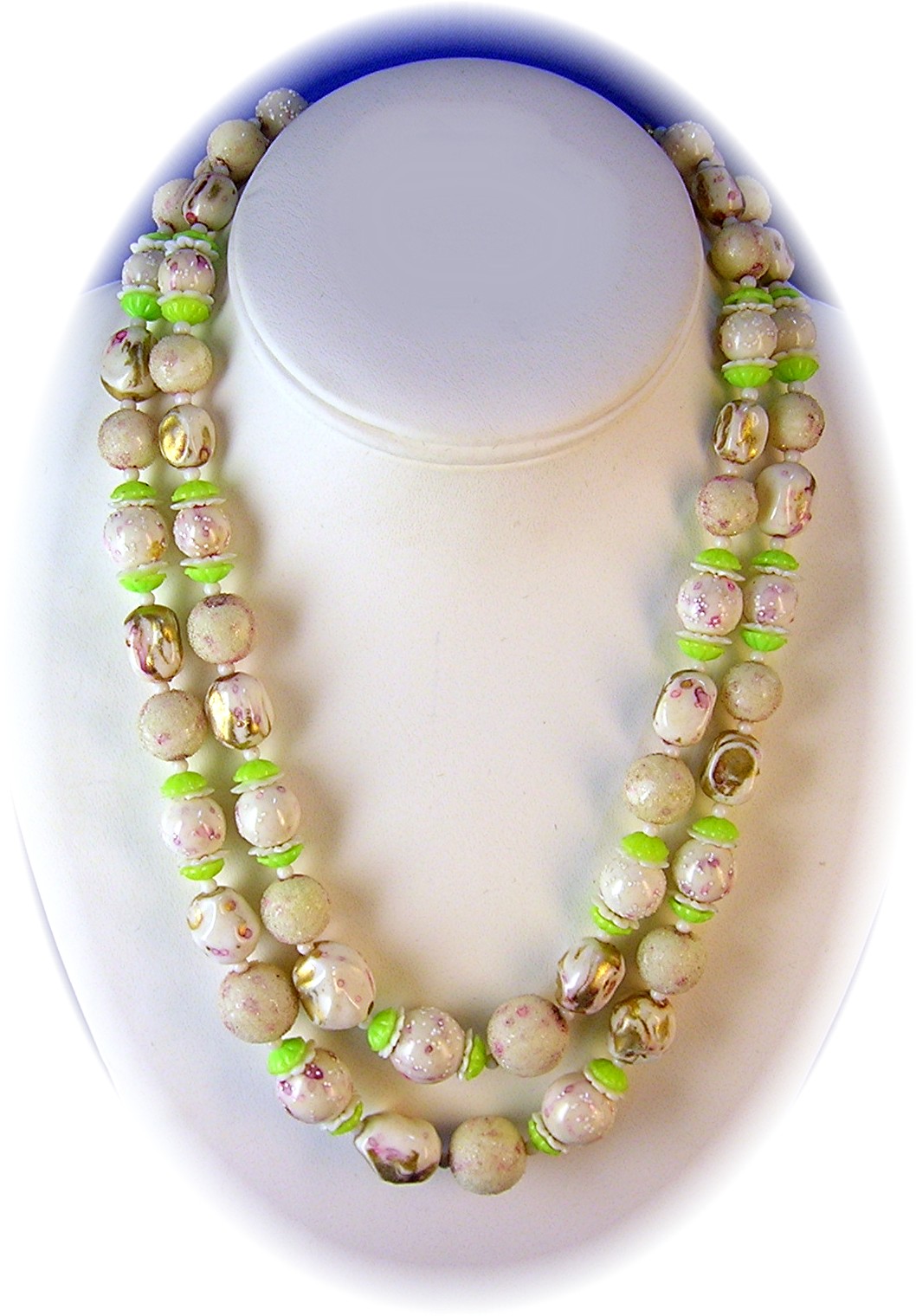 Plastic Venetian Bead Look Pink Gold Green Necklace