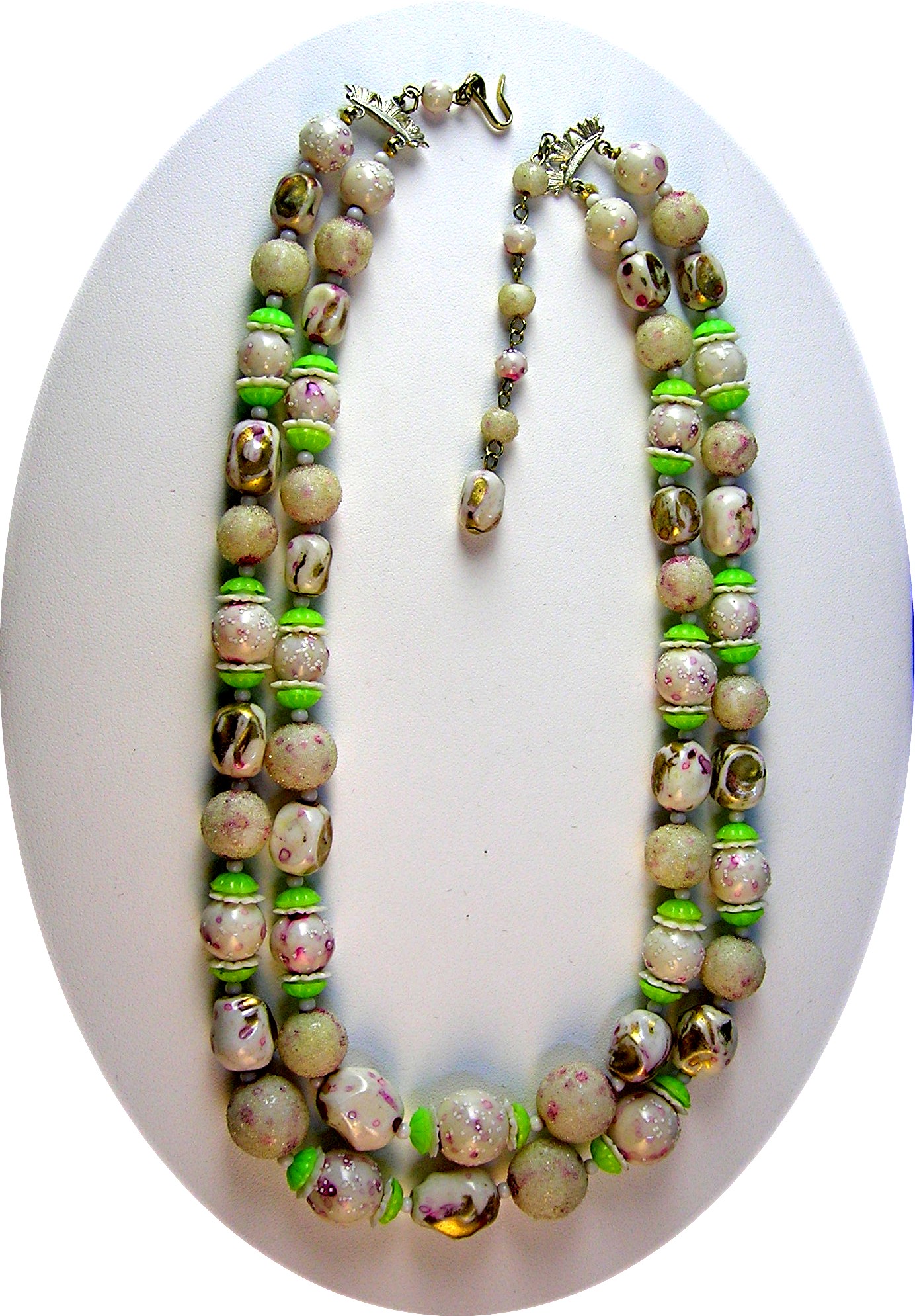 Plastic Venetian Bead Look Pink Gold Green Necklace