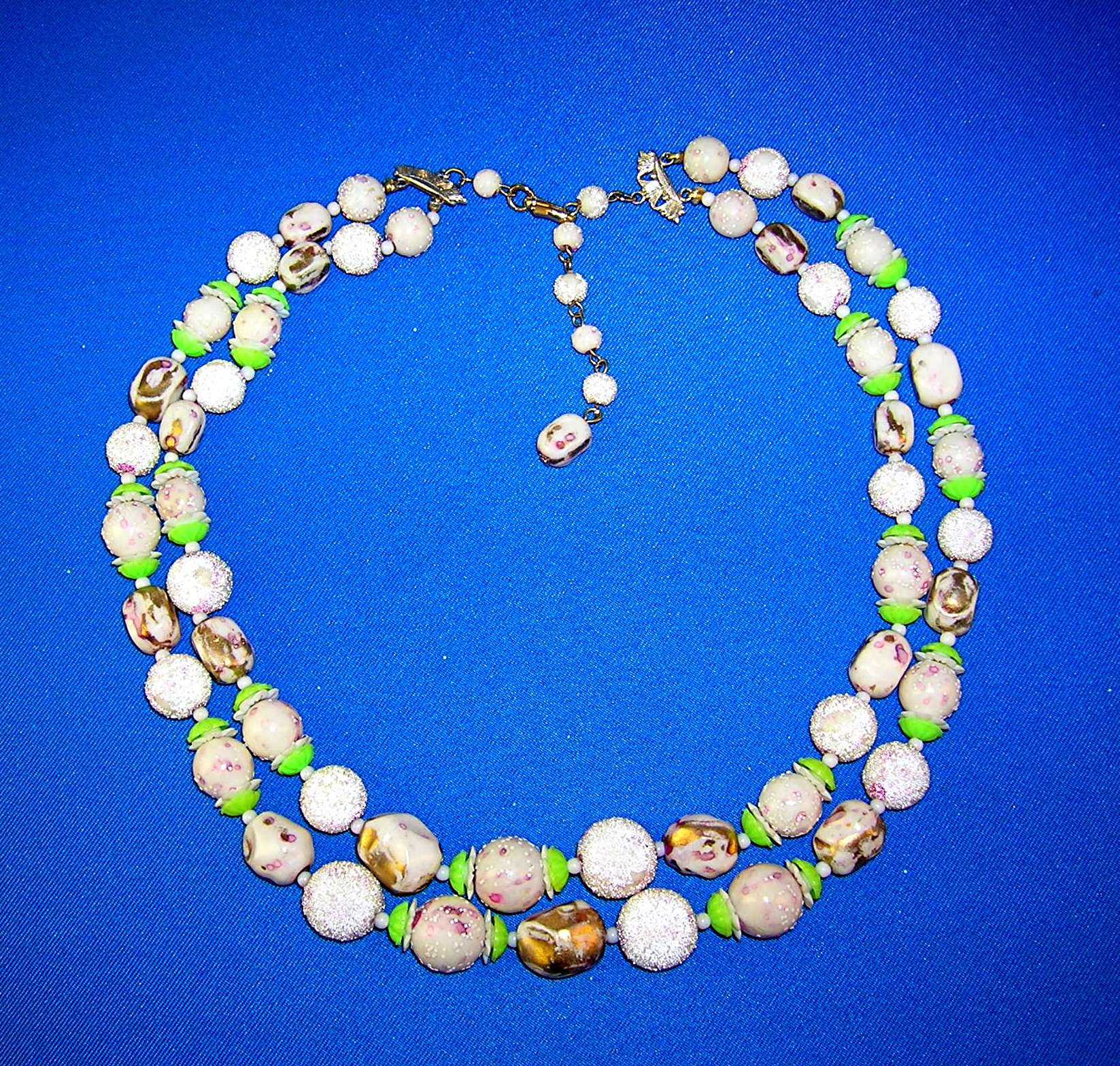 Plastic Venetian Bead Look Pink Gold Green Necklace