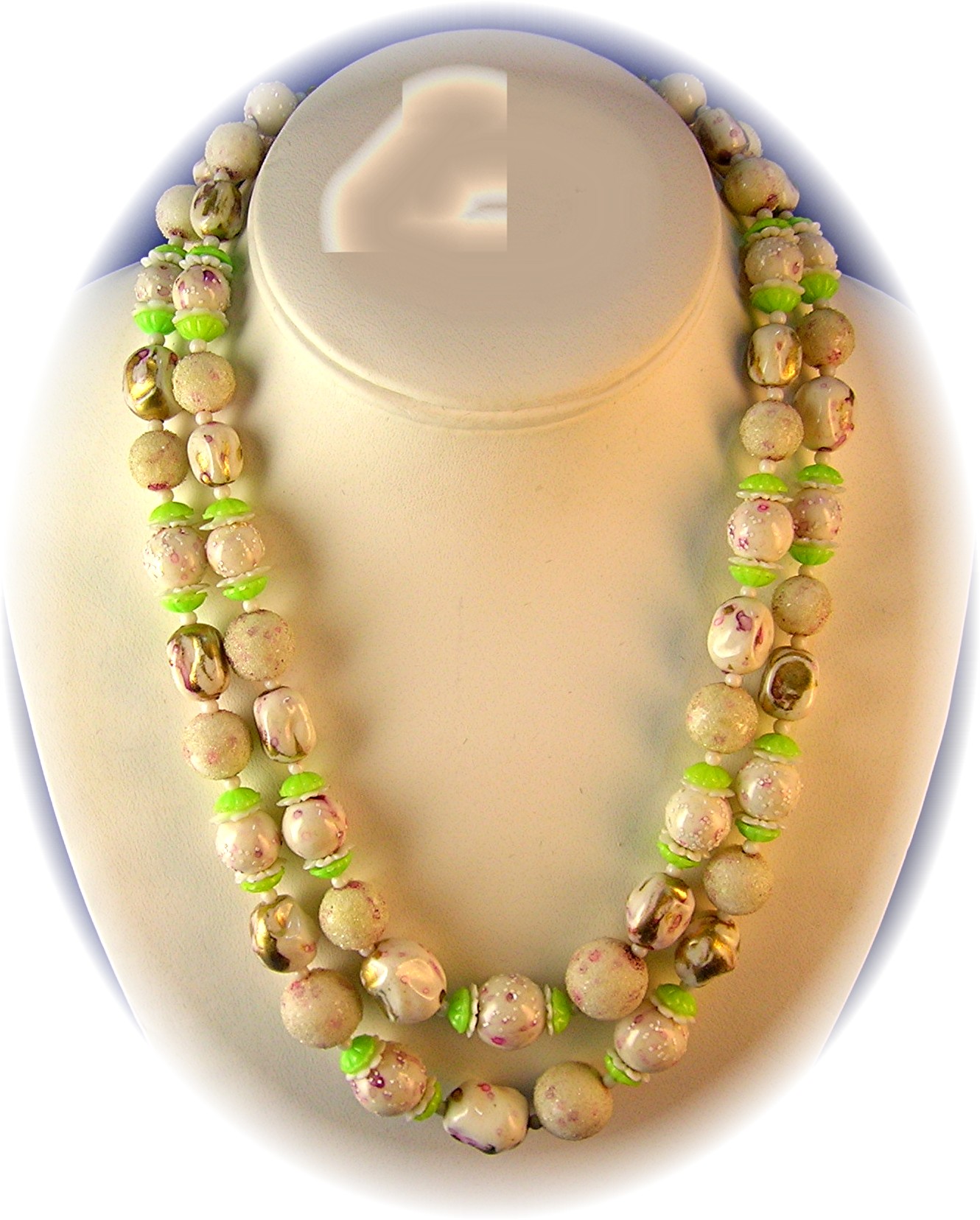 Plastic Venetian Bead Look Pink Gold Green Necklace