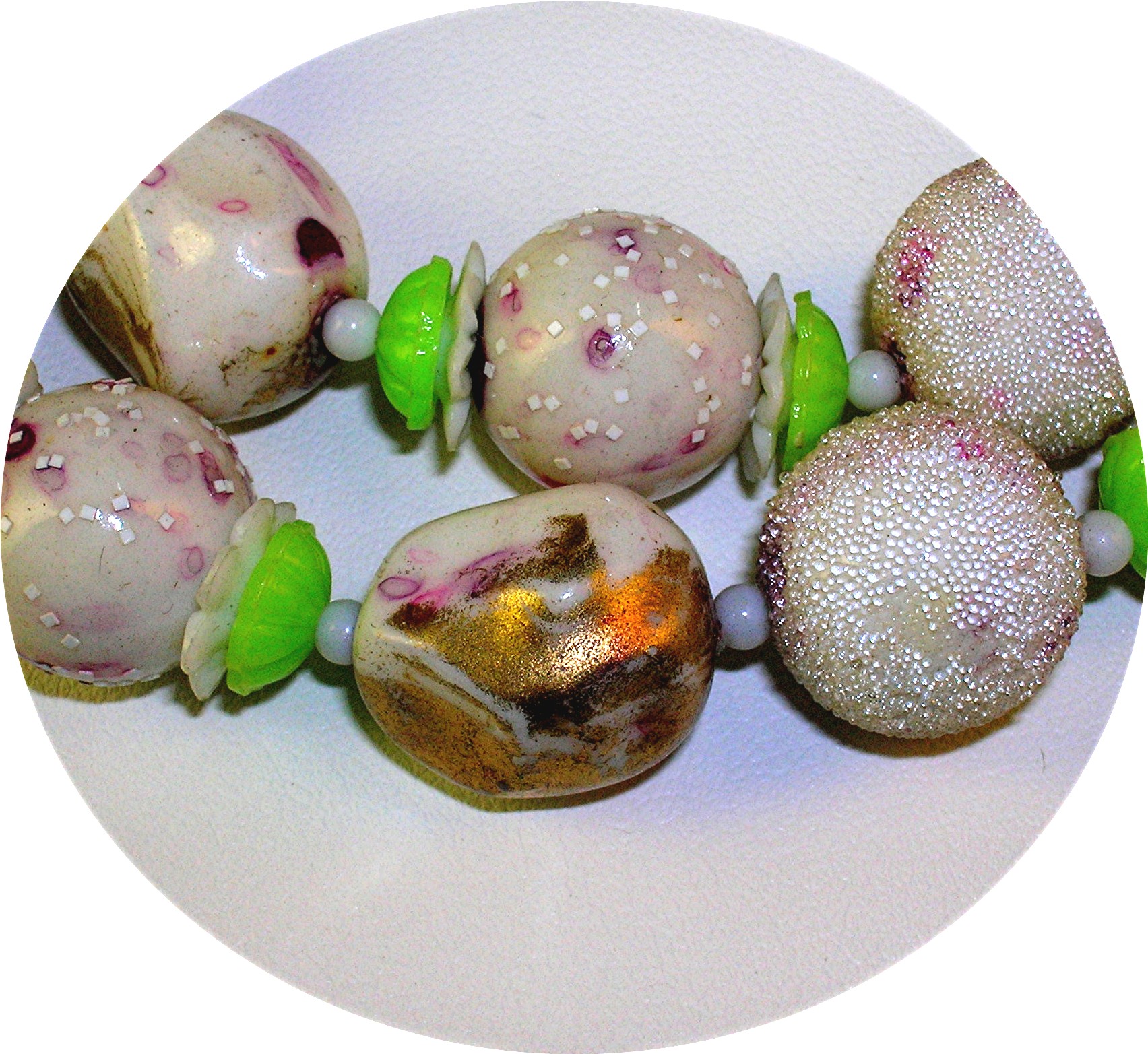 Plastic Venetian Bead Look Pink Gold Green Necklace