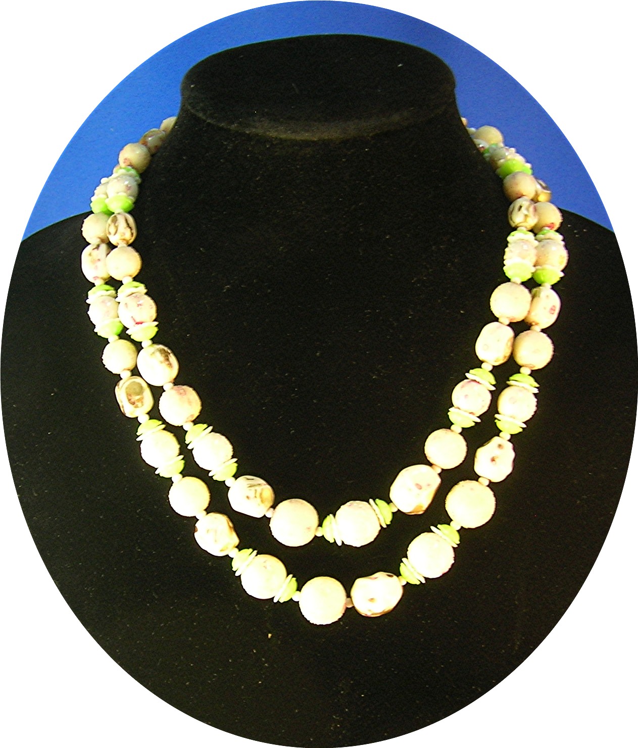Plastic Venetian Bead Look Pink Gold Green Necklace