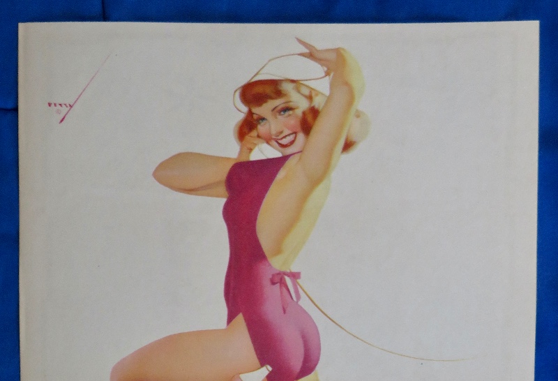 Original 1947 Sexy Pin Up Girl Wearing A Pink Bodysuit & White Hat While Talking On The Telephone By George Petty