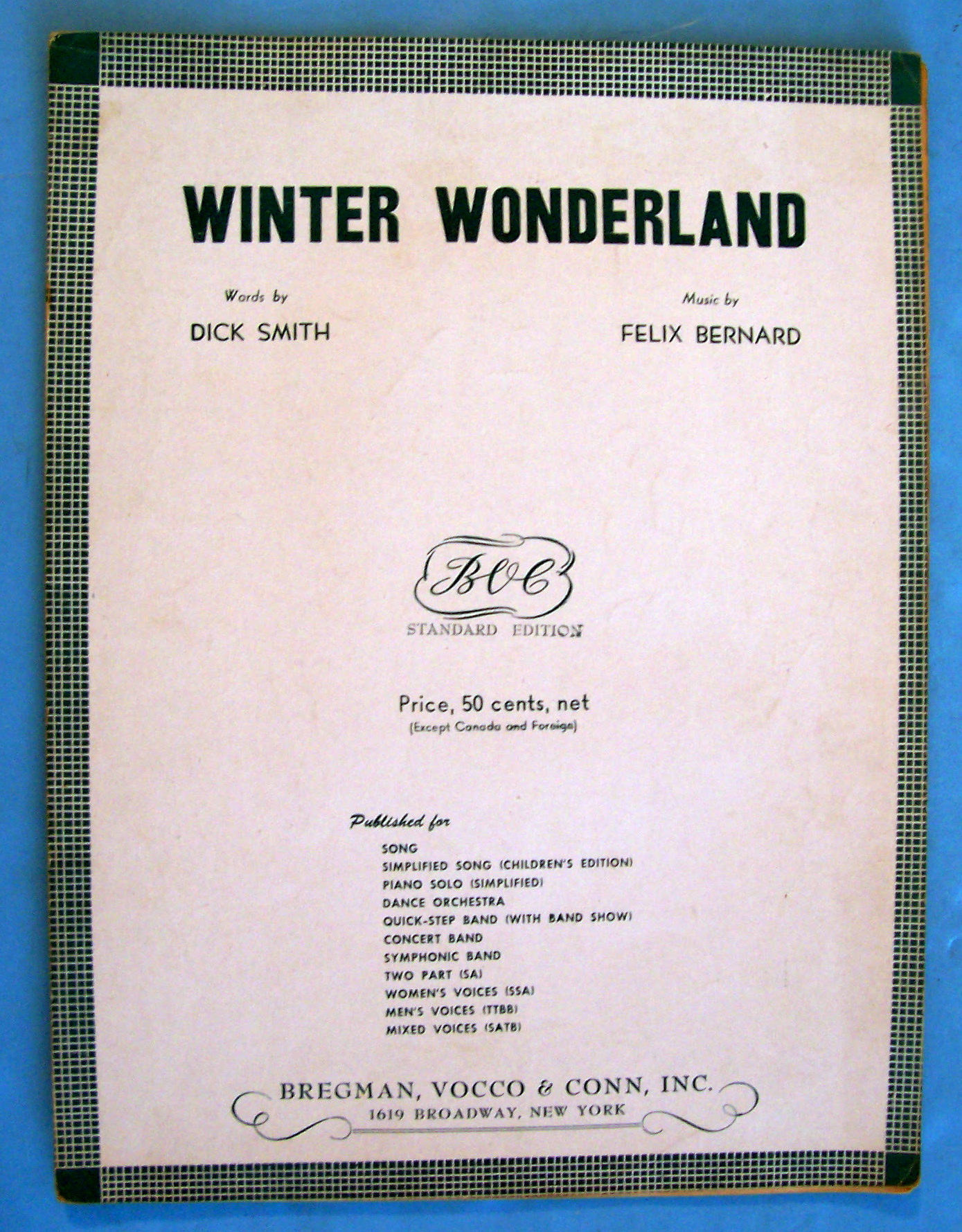 Sheet Music For 1934 Winter Wonderland By Felix Bernard