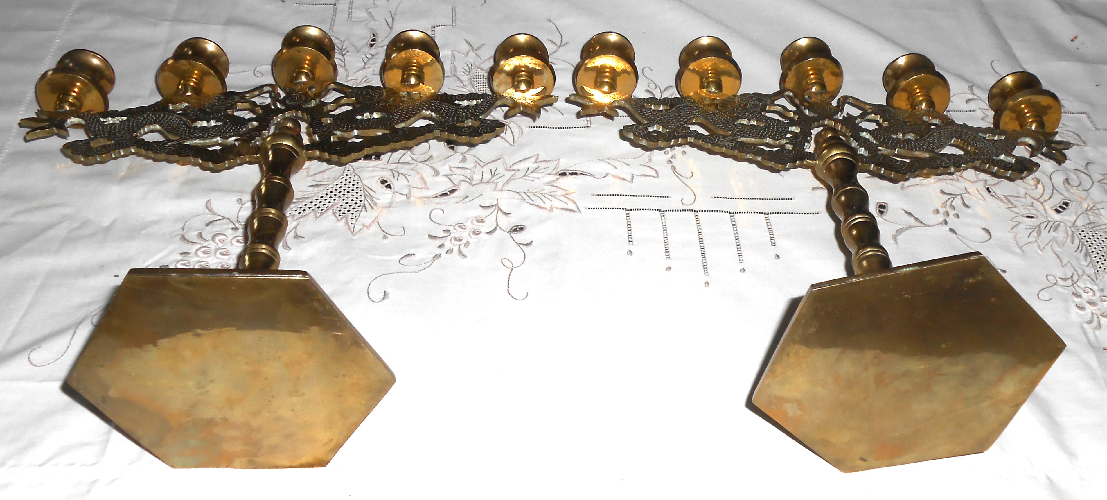 MCM Pair VINTAGE Brass Dragon 5 Light Candlesticks