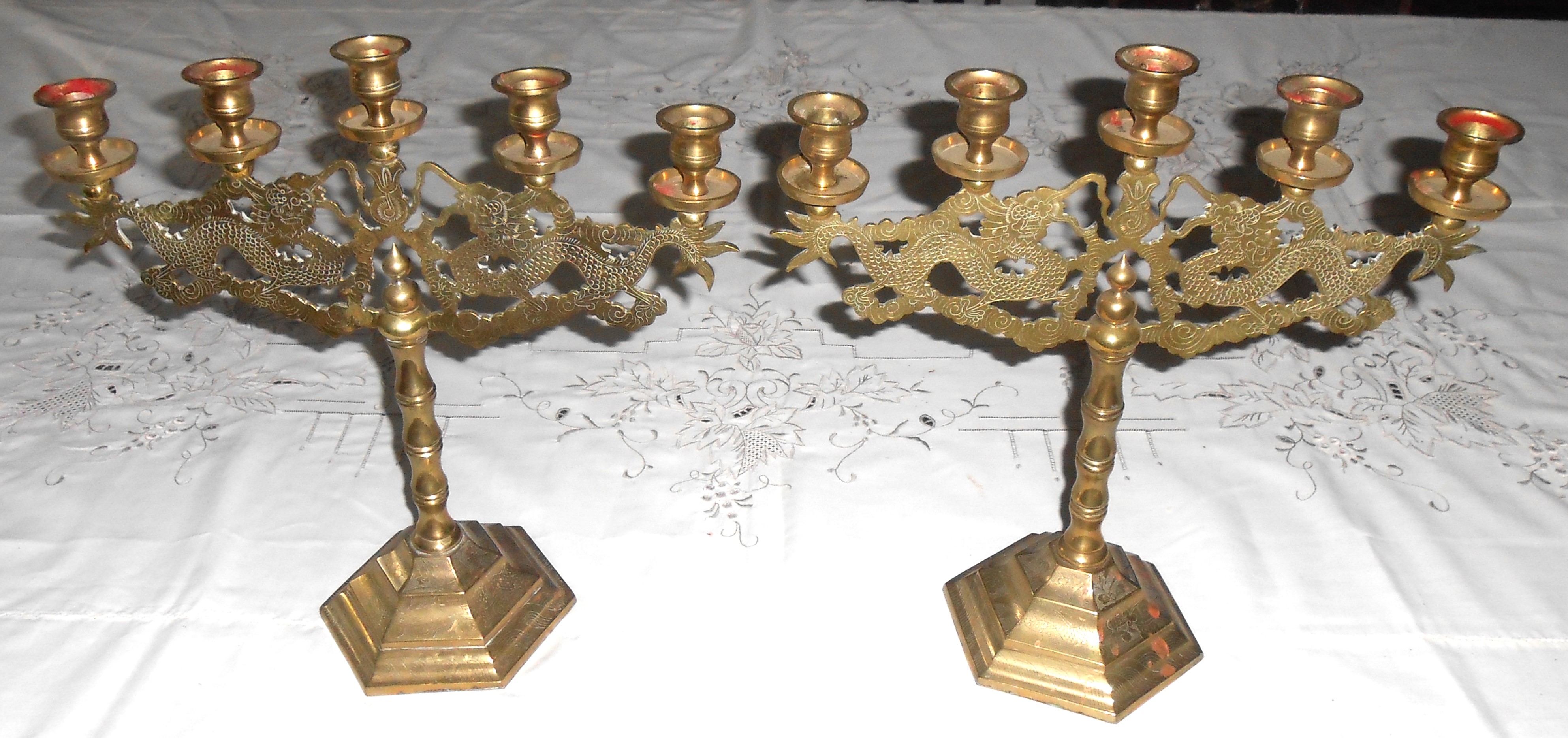 MCM Pair VINTAGE Brass Dragon 5 Light Candlesticks