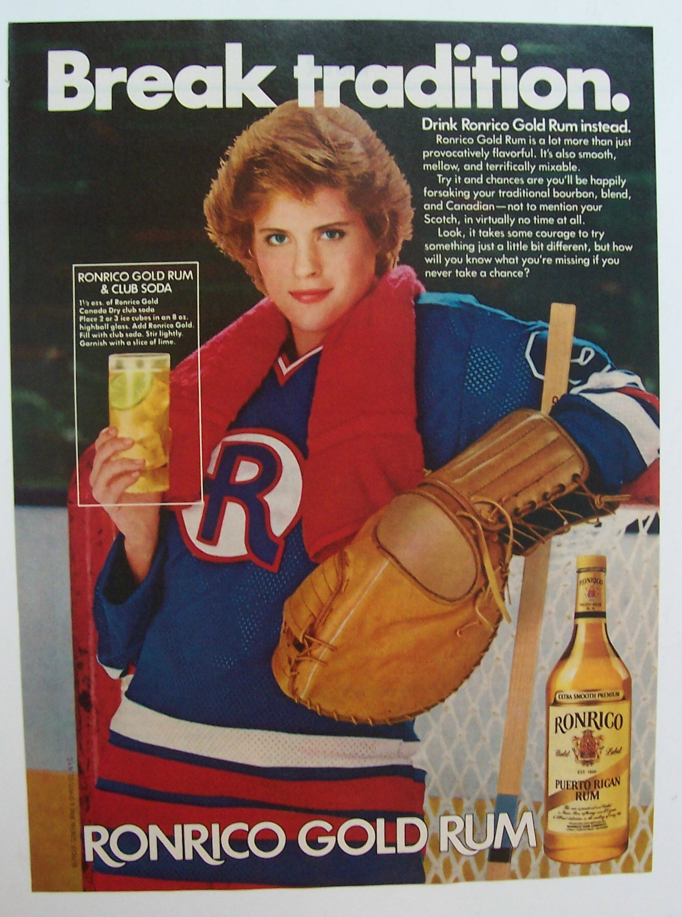 1982 Ronrico Gold Rum with a Woman Holding a Drink