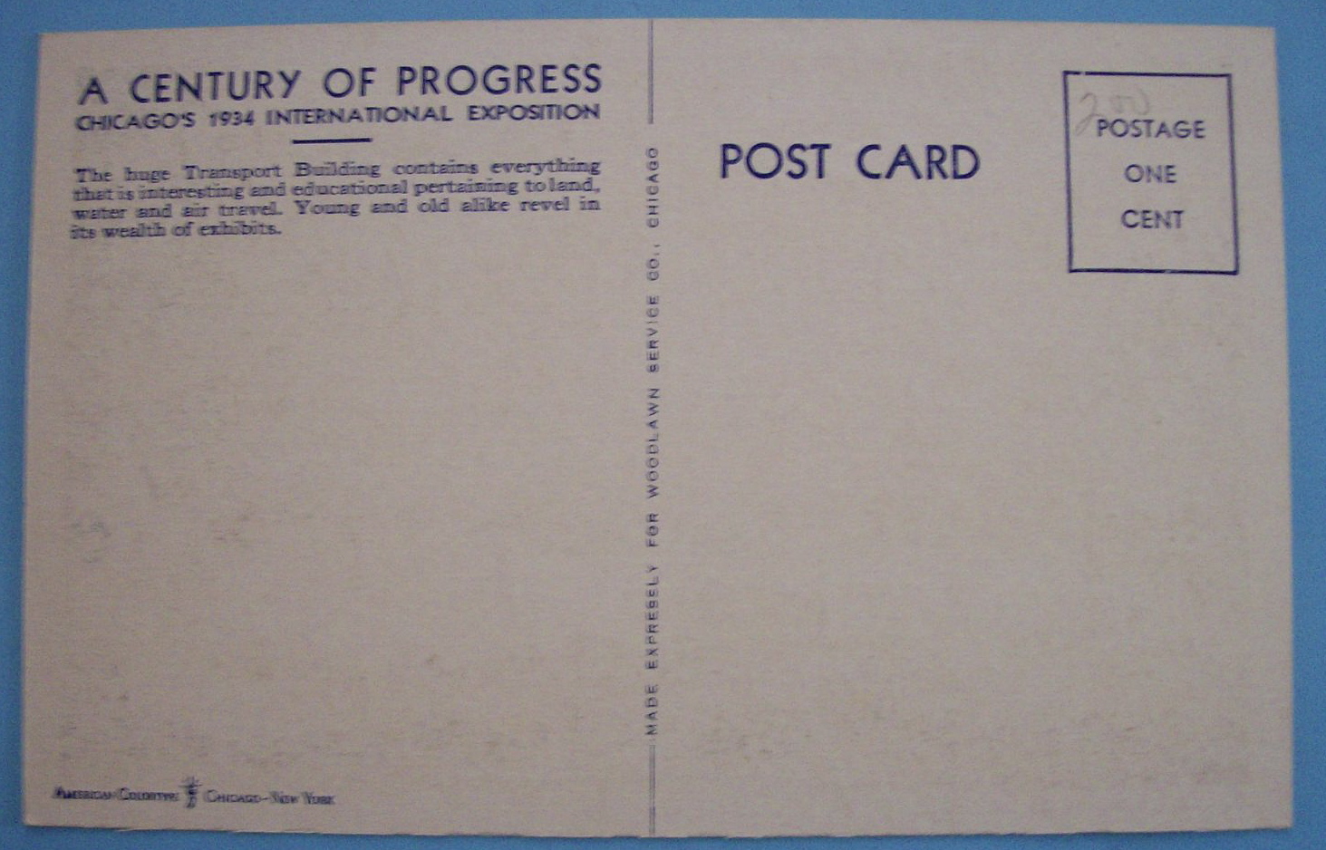 1933 Century Of Progress Transport Building Postcard