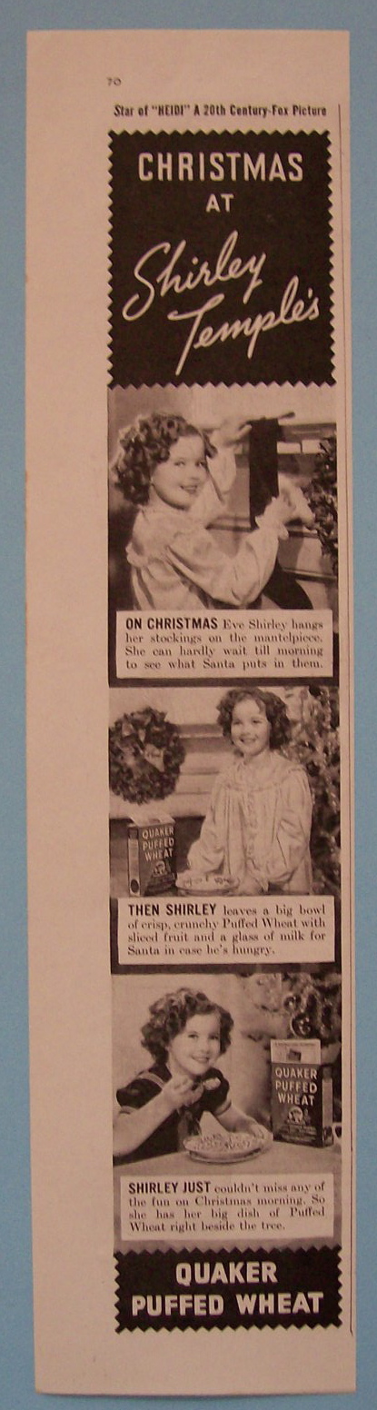 1937 Quaker Puffed Wheat w/Shirley Temple at Christmas