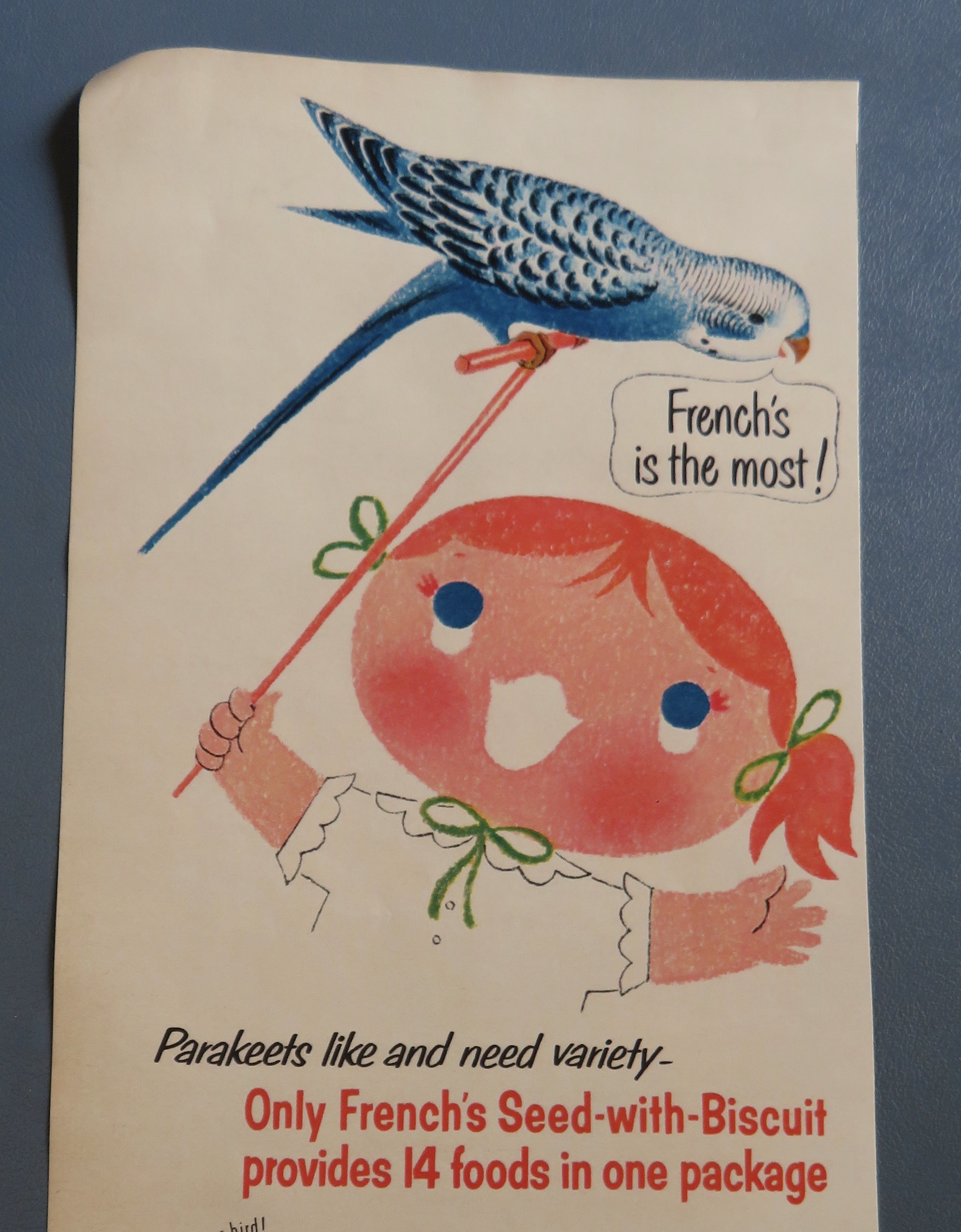 1960 French's Parakeet Seed w/ Girl Holding A Parakeet