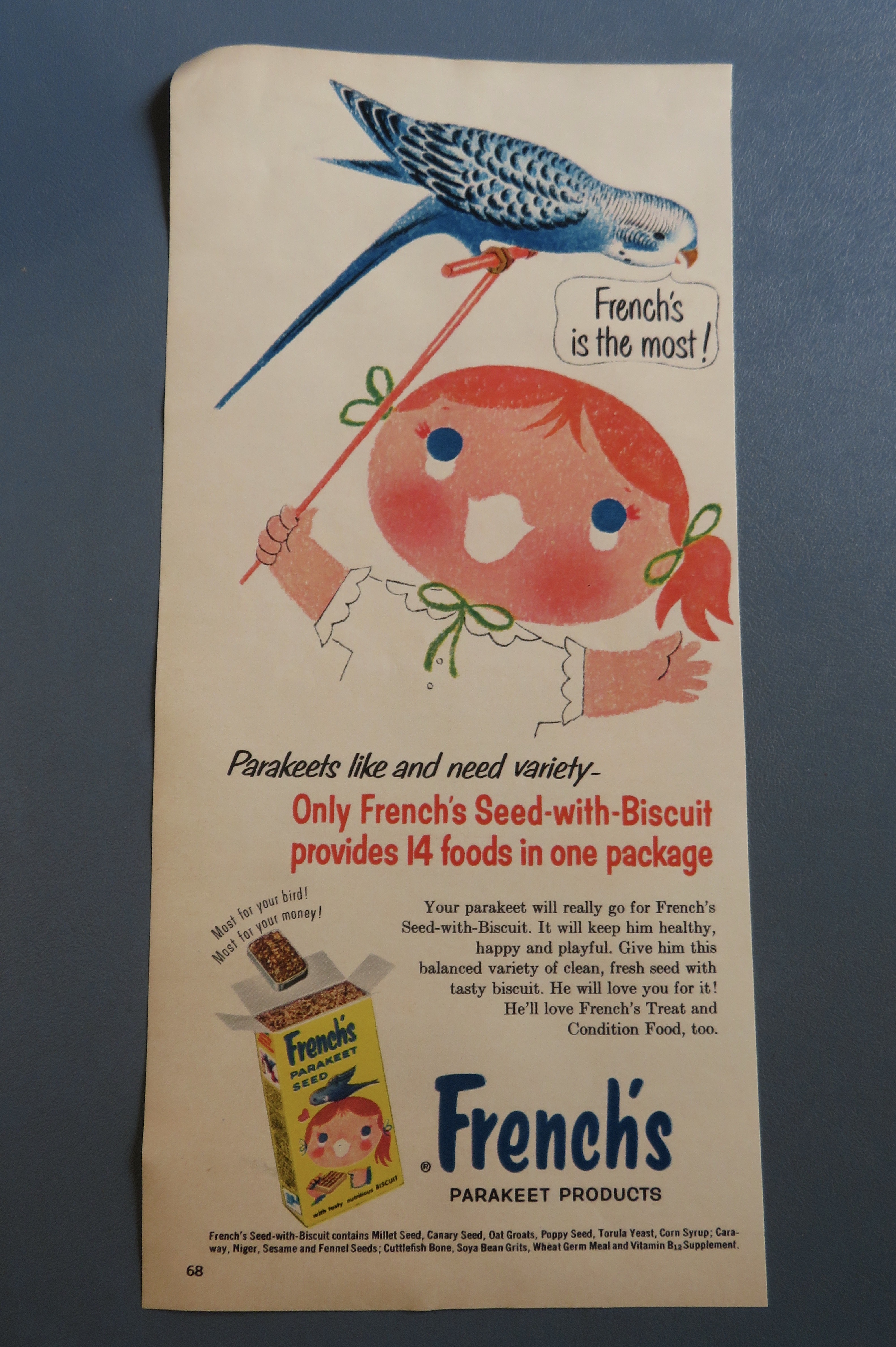 1960 French's Parakeet Seed w/ Girl Holding A Parakeet