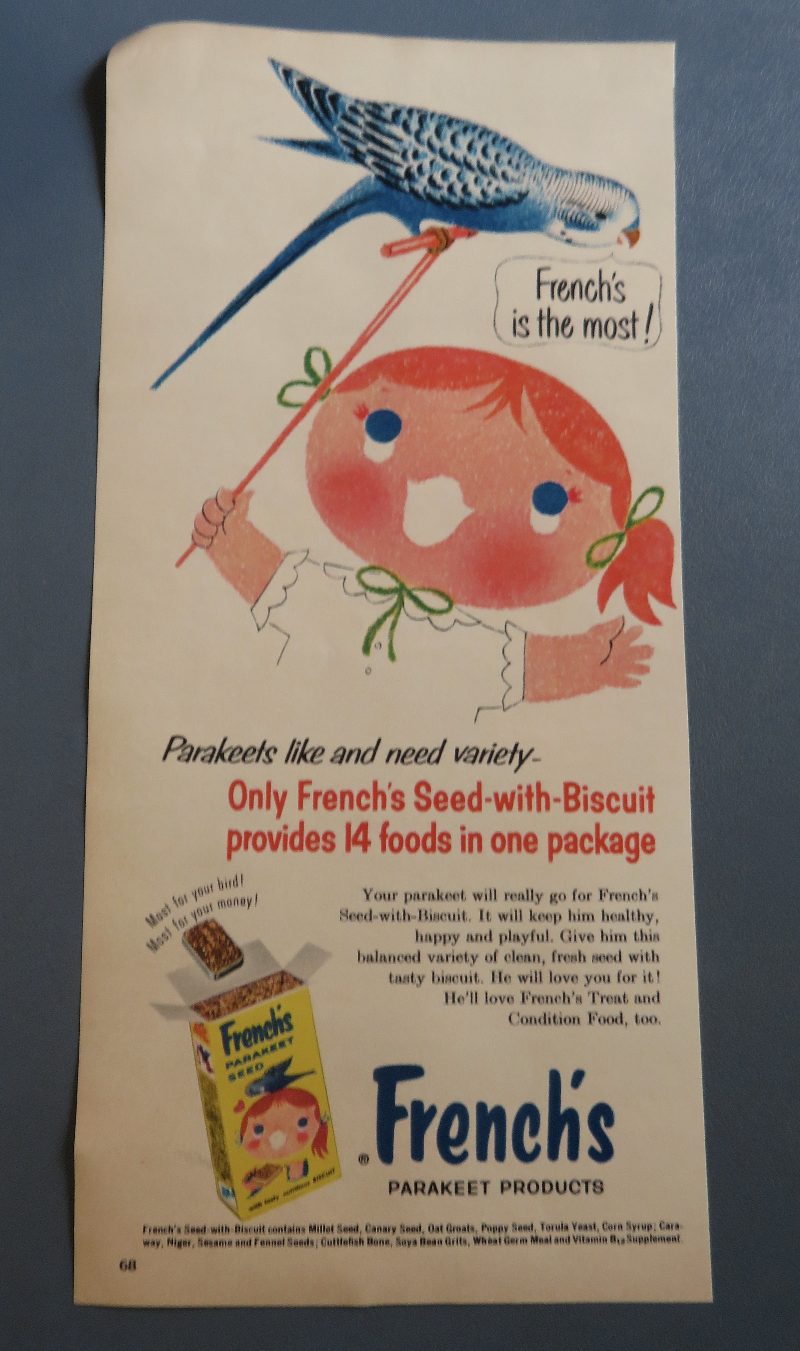 1960 French's Parakeet Seed w/ Girl Holding A Parakeet