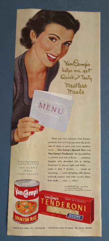 1951 Van Camp's Spanish Rice & Tenderoni with Woman Holding a Menu