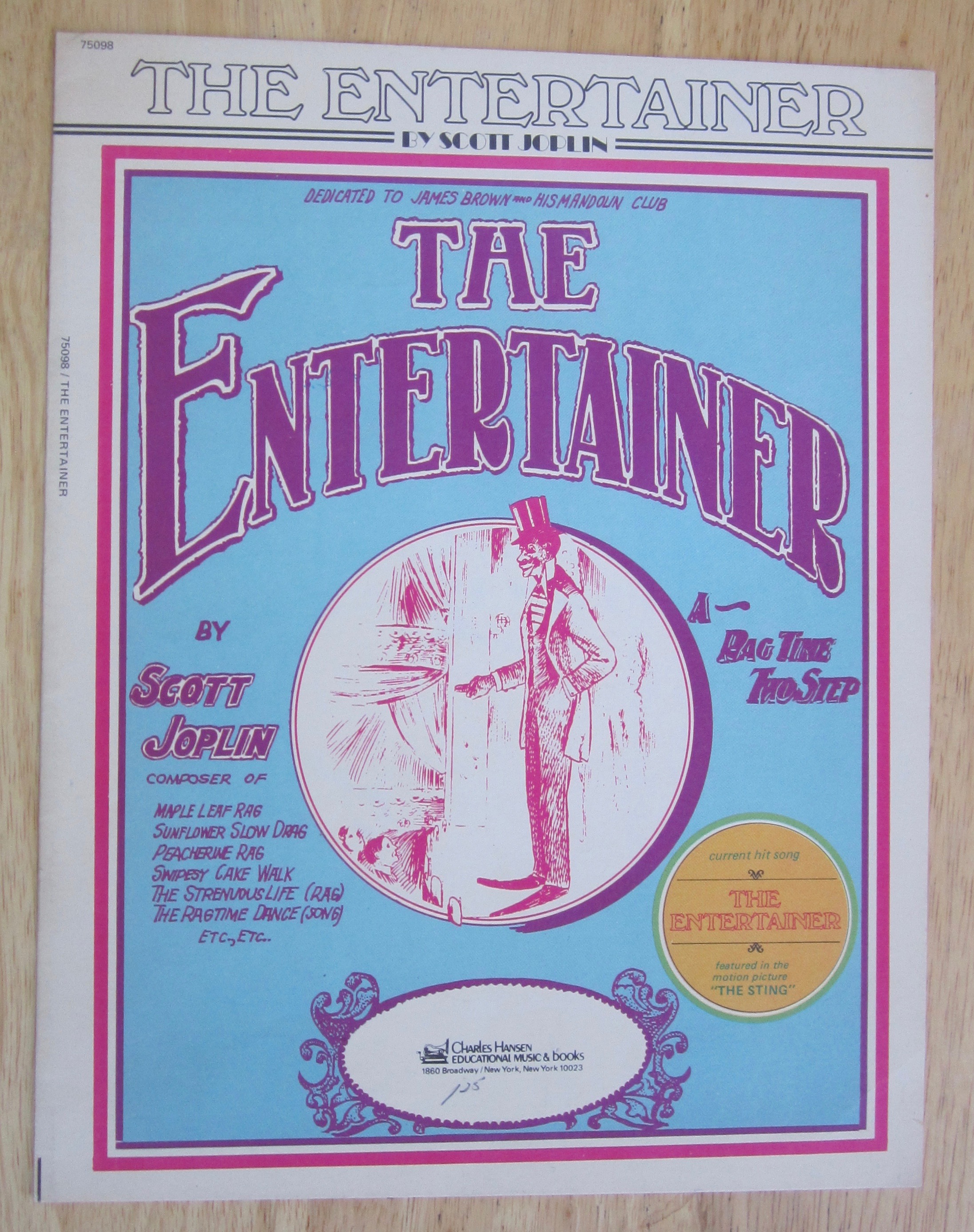 1972 The Entertainer Sheet Music By Scott Joplin