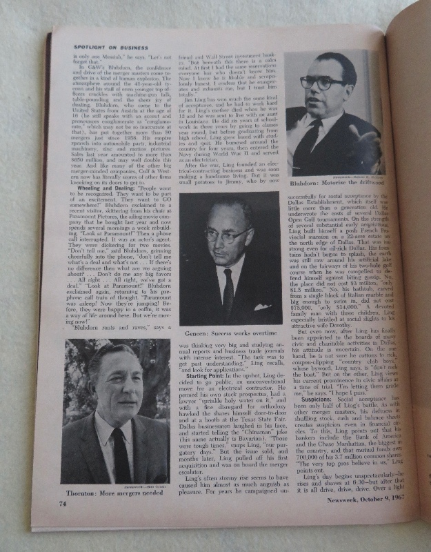 Newsweek Magazine October 9, 1967 Jim Ling: The Merger King